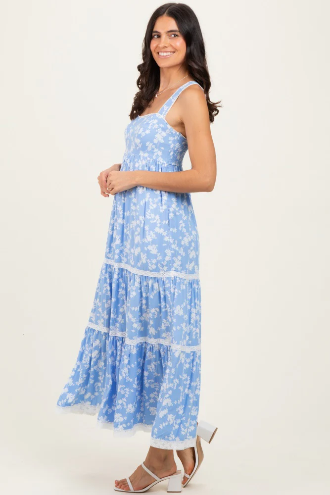 Light Blue Floral Lace Trim Tiered Maxi Dress - Image 3