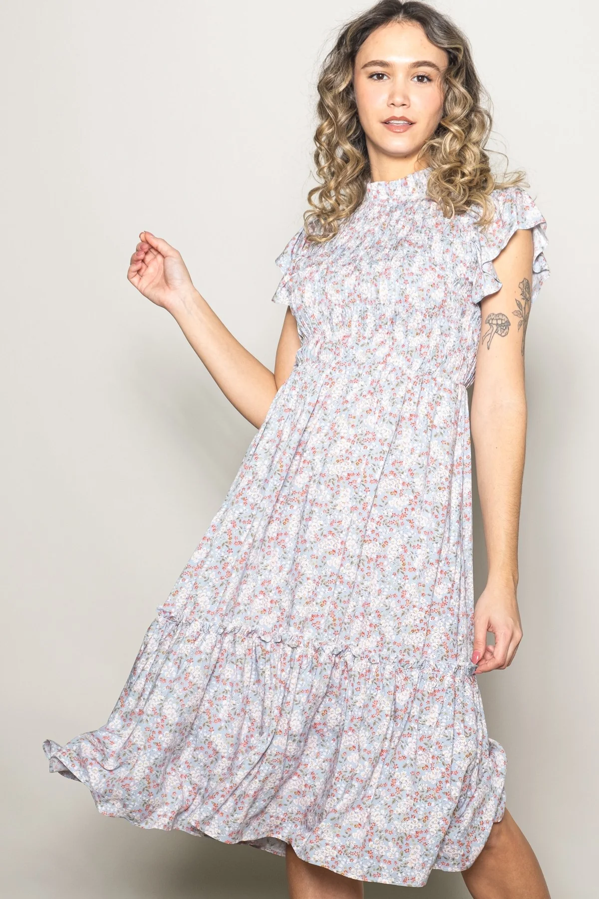 Light Blue Floral Mock Neck Smocked Ruffe Sleeve Maternity Midi Dress - Image 4