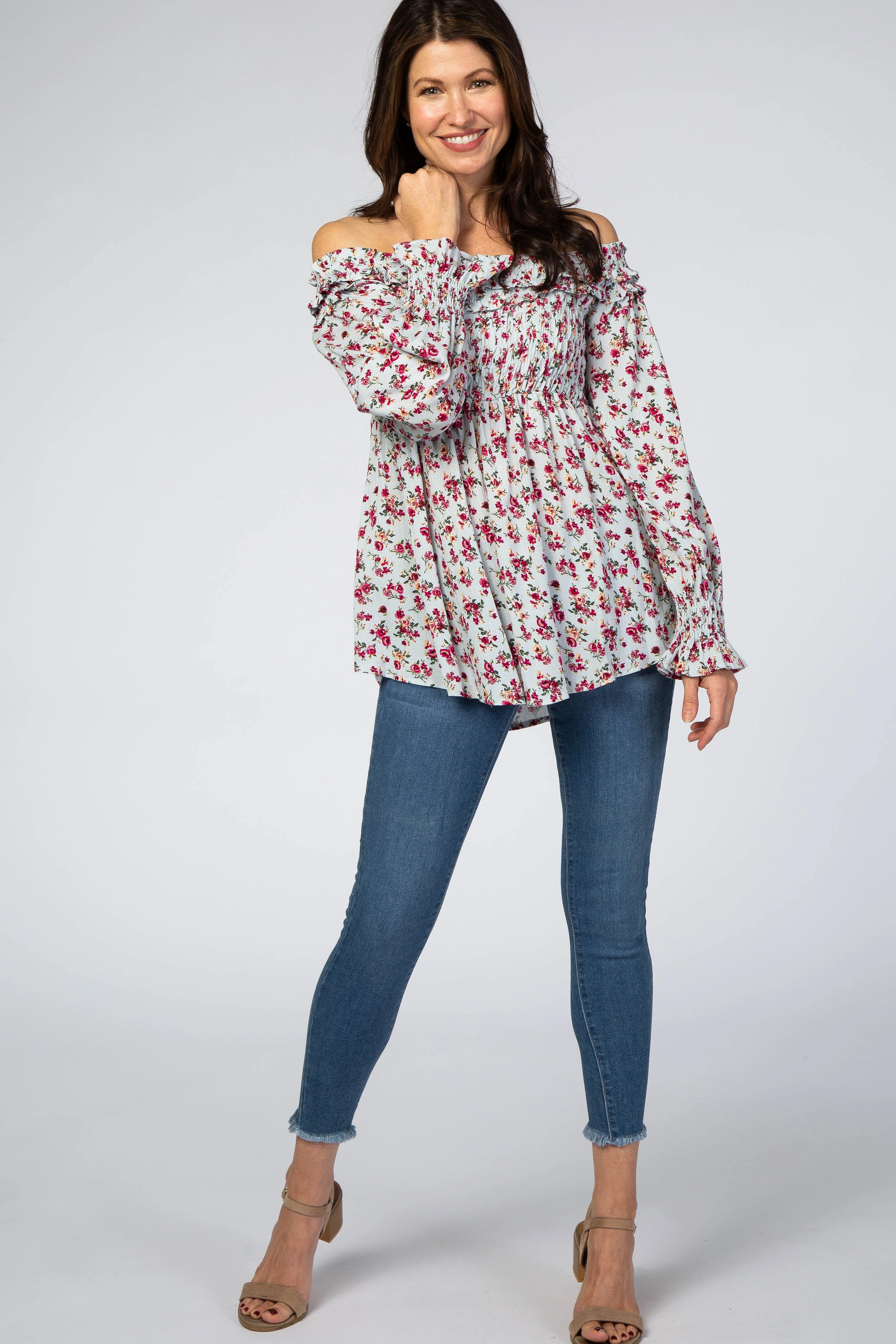 Light Blue Floral Off Shoulder Long Sleeve Top - Image 4