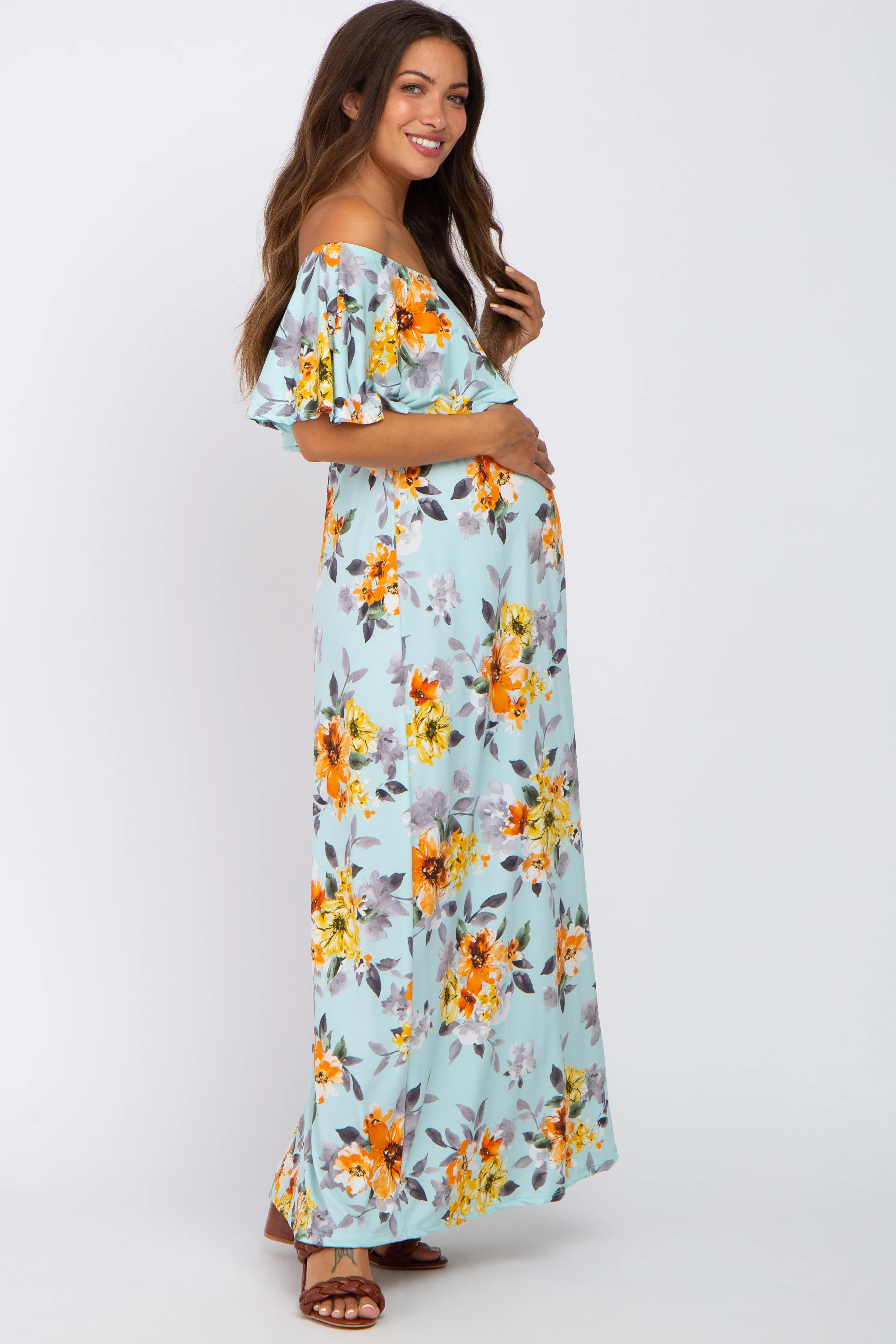 Light Blue Floral Off Shoulder Maternity Maxi Dress - Image 2