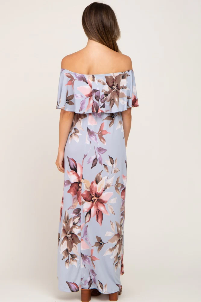 Light Blue Floral Off Shoulder Maternity Maxi Dress - Image 3