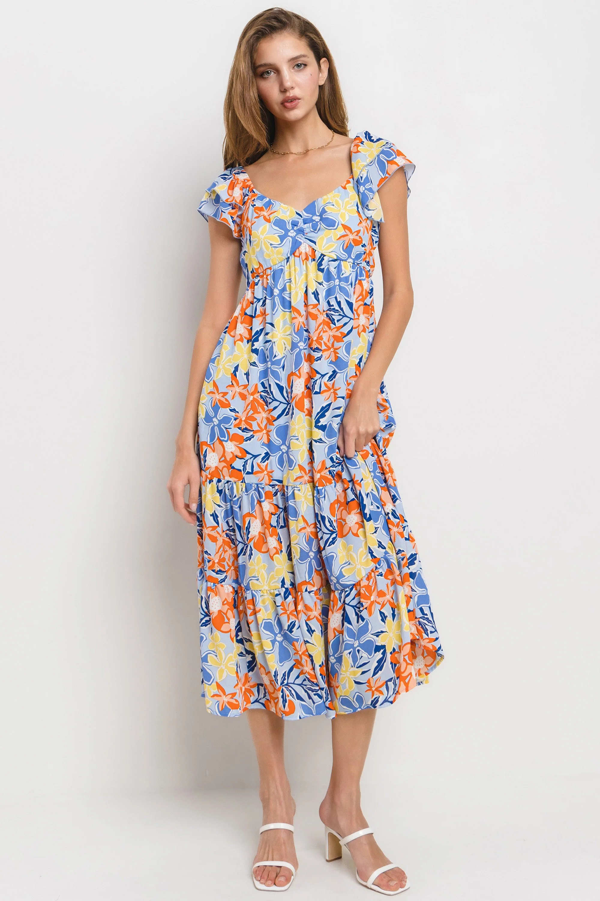 Light Blue Floral Printed Tiered Flutter Sleeve Maternity Dress - Image 5