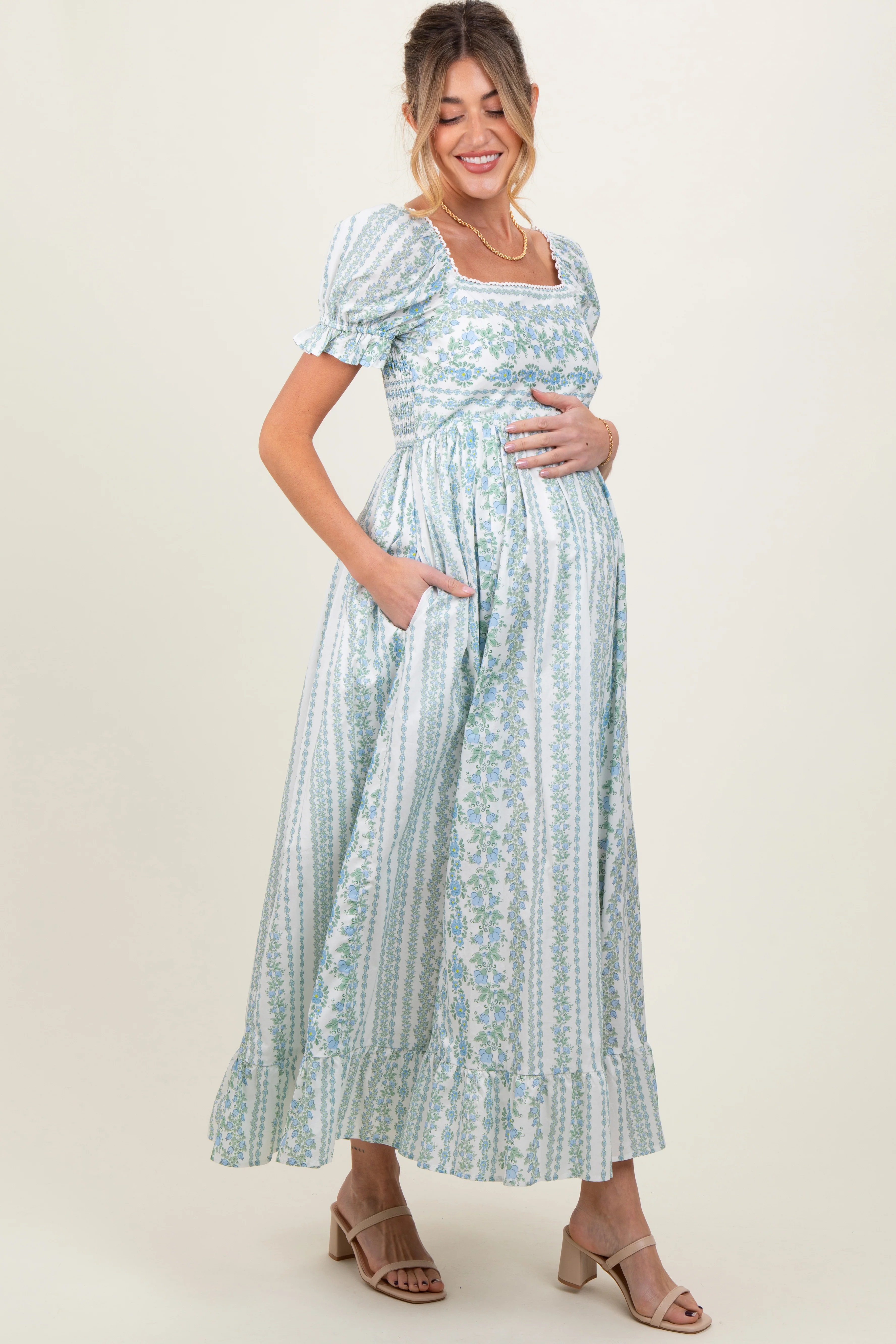 Light Blue Floral Puff Sleeve Lace Trim Maternity Maxi Dress - Image 3