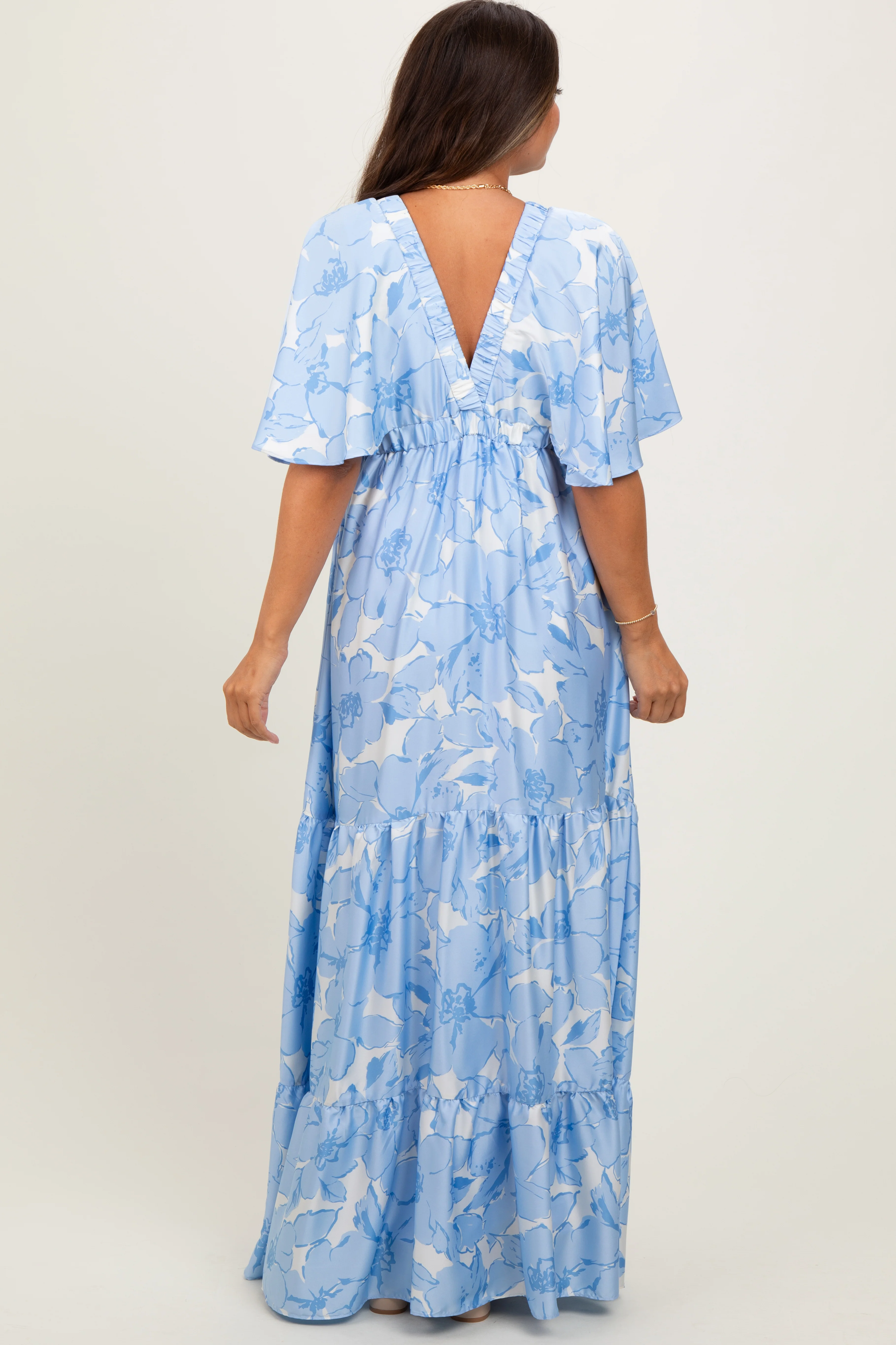 Light Blue Floral Short Sleeve Deep V-Neck Tiered Maternity Maxi Dress - Image 4