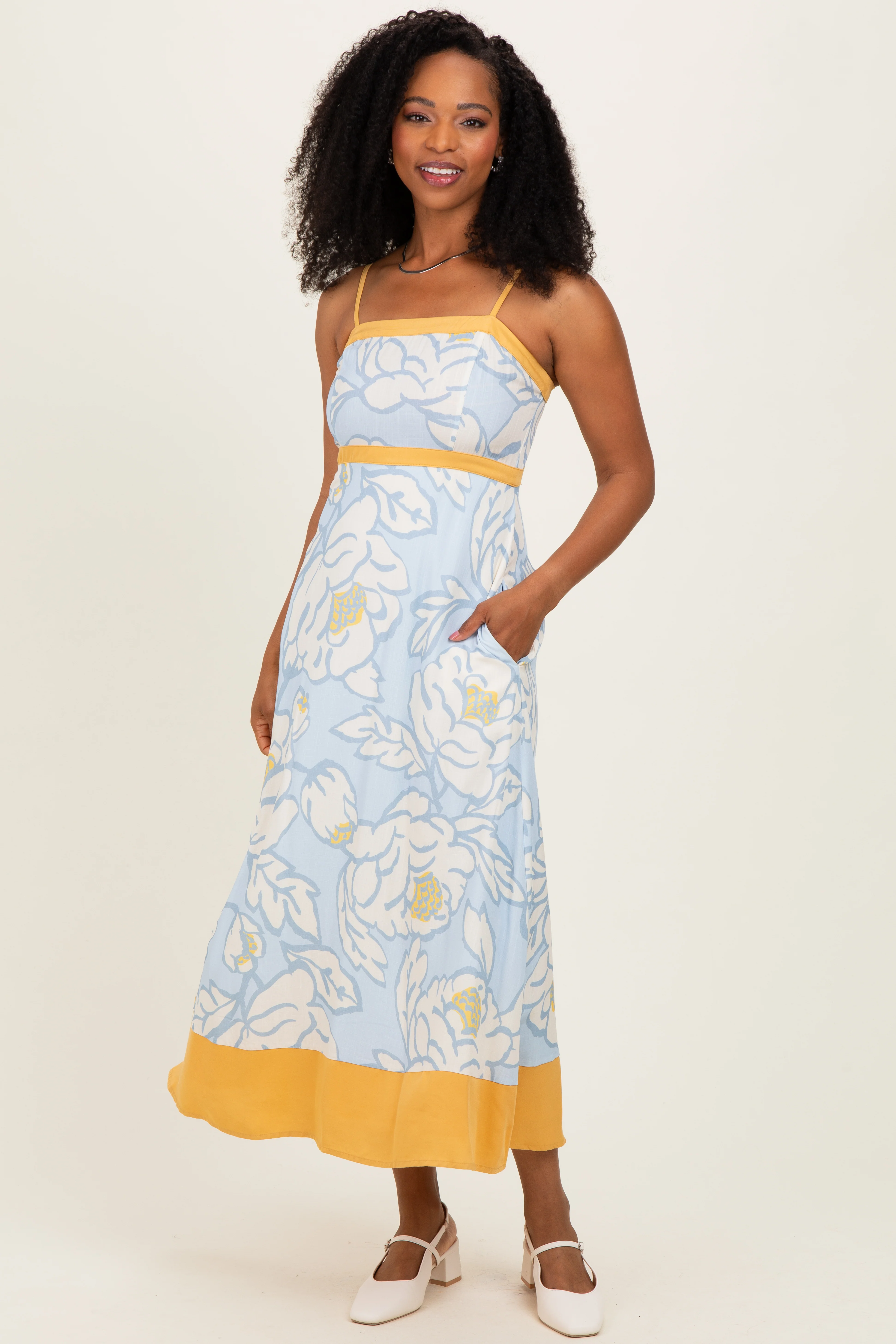 Light Blue Floral Sleeveless Flowy Maternity Maxi Dress - Image 4