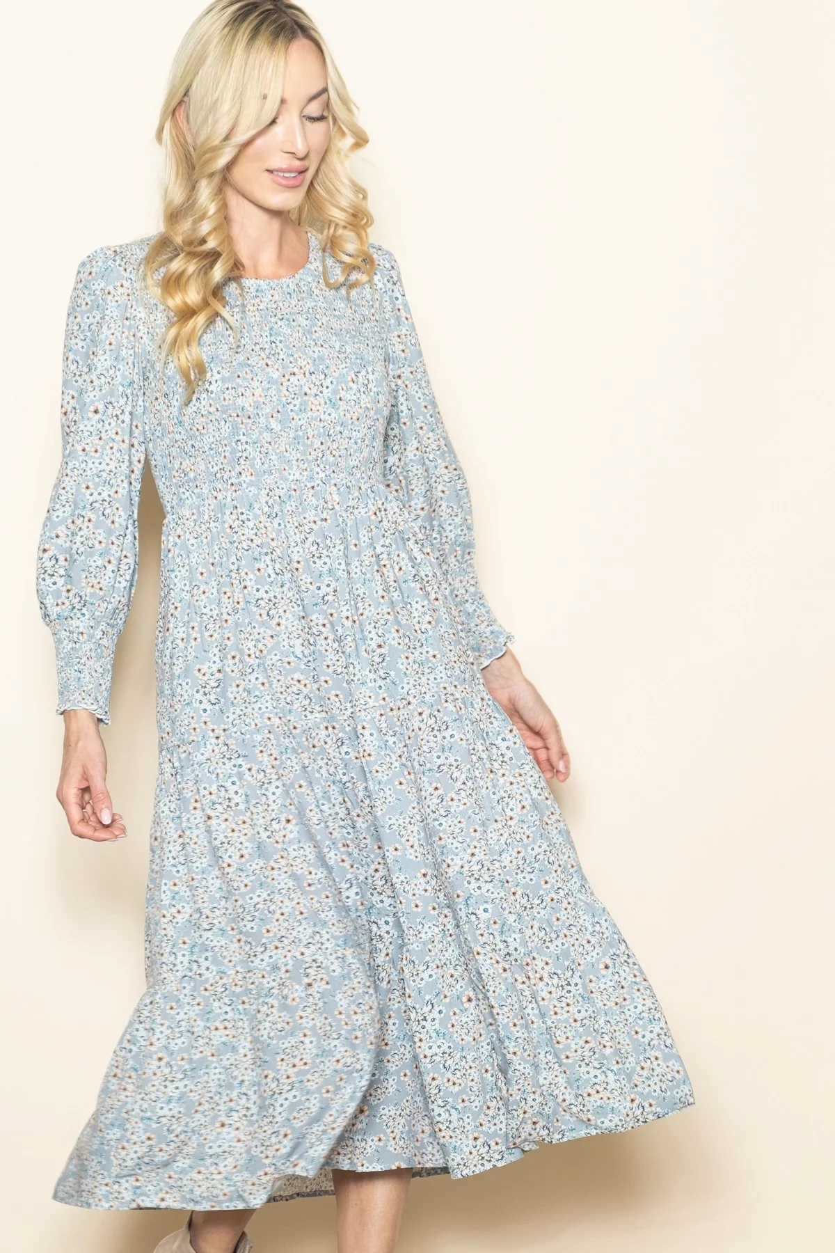 Light Blue Floral Smocked Bubble Sleeve Midi Dress - Image 3