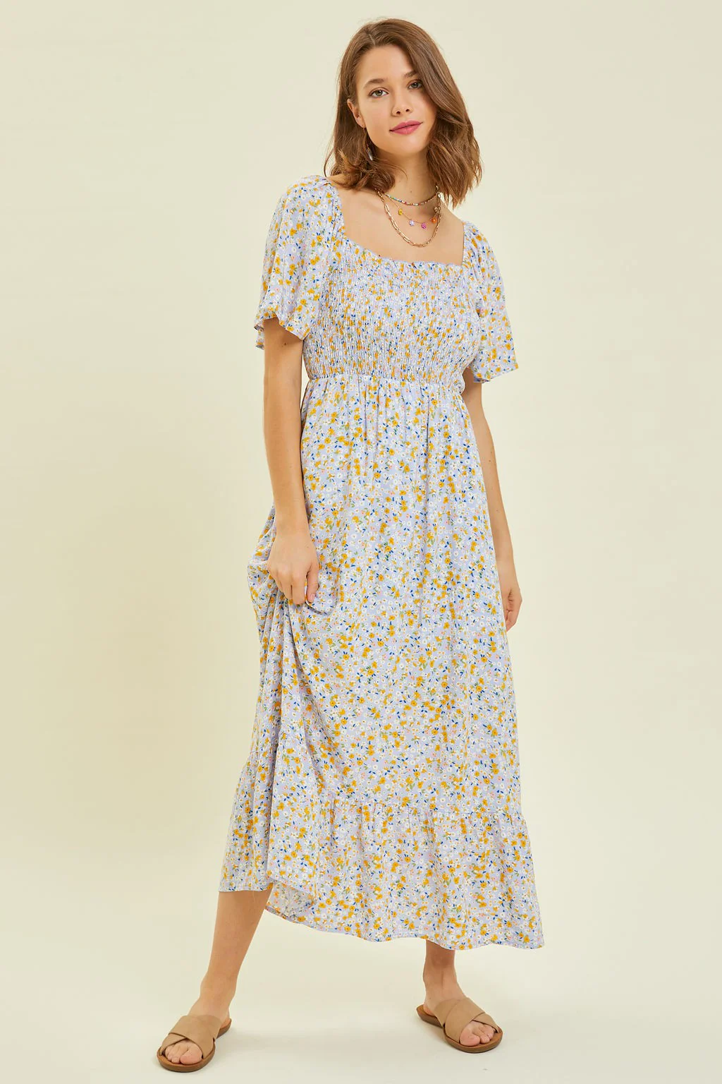Light Blue Floral Smocked Maternity Maxi Dress - Image 4