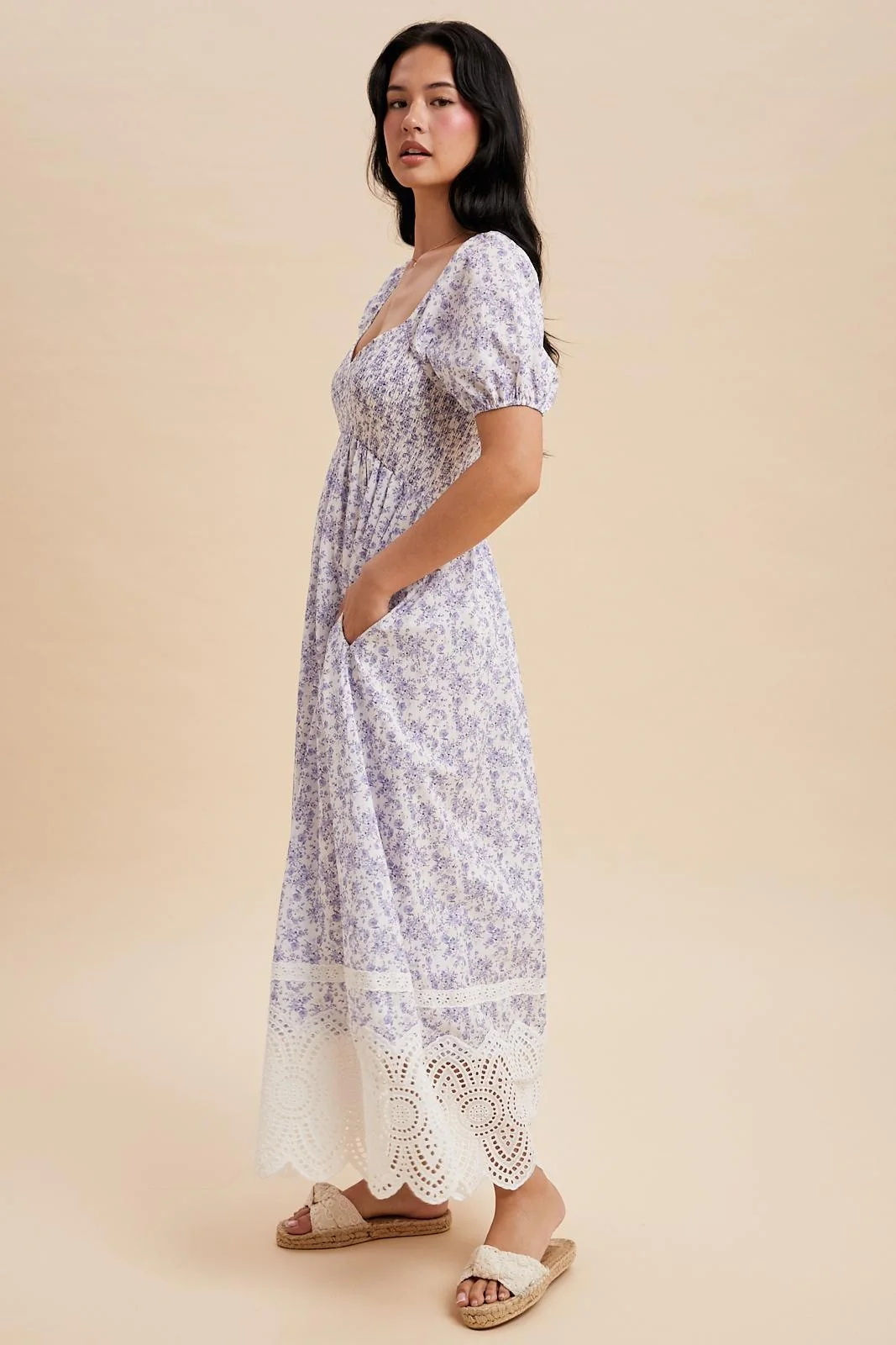 Light Blue Floral Smocked Maxi Dress - Image 3