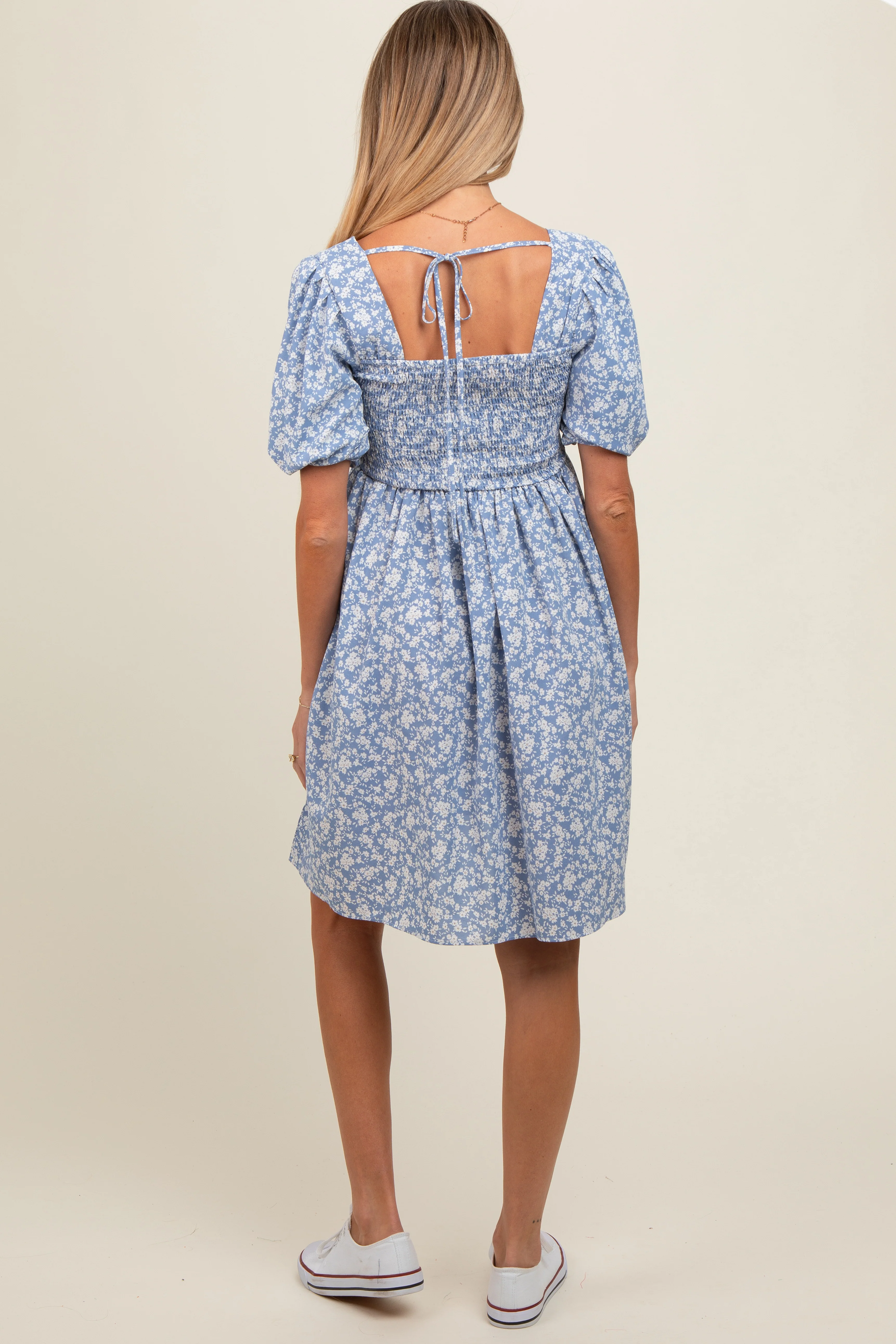 Light Blue Floral Smocked Tie Back Maternity Dress - Image 4