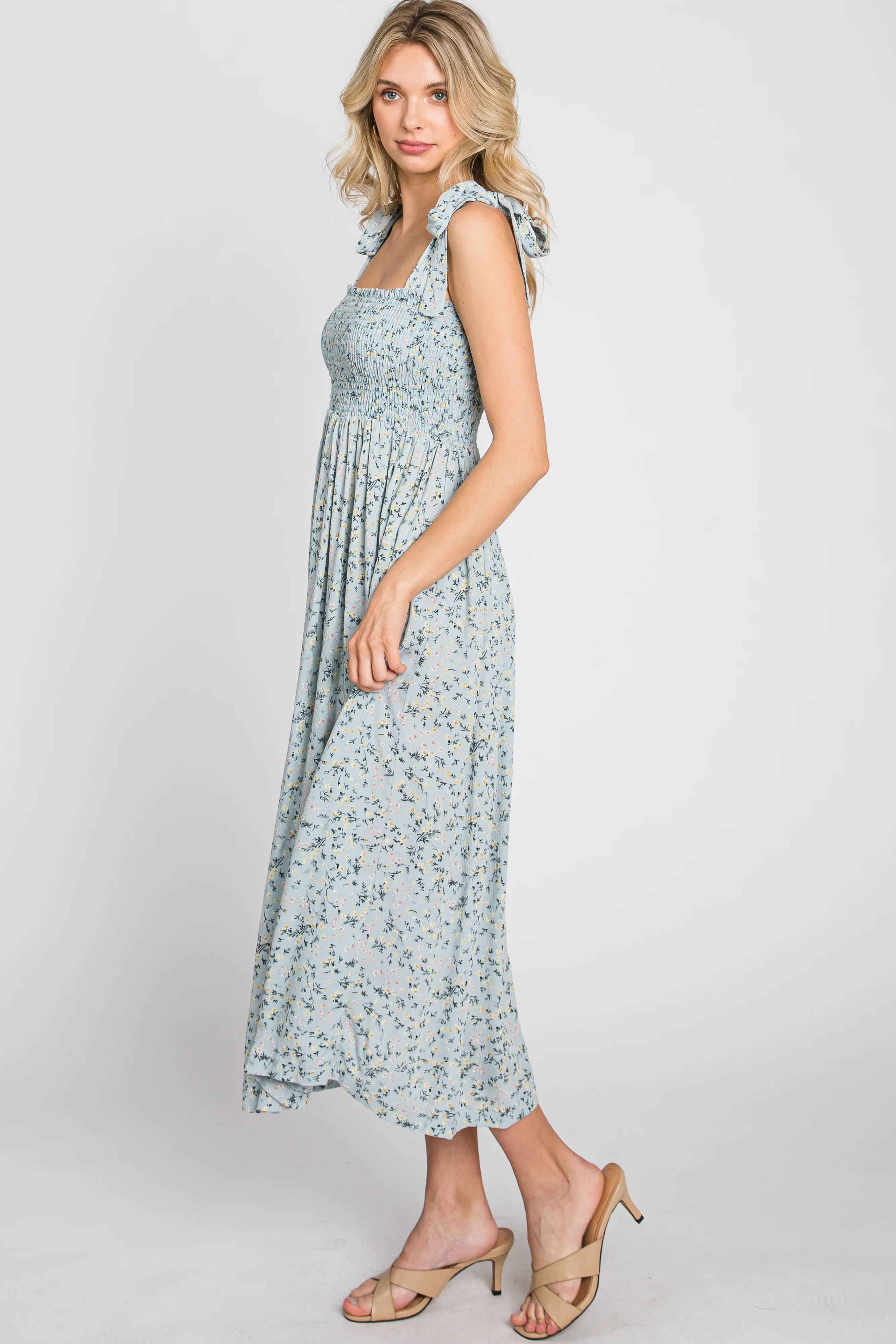 Light Blue Floral Smocked Tie Strap Midi Dress - Image 6