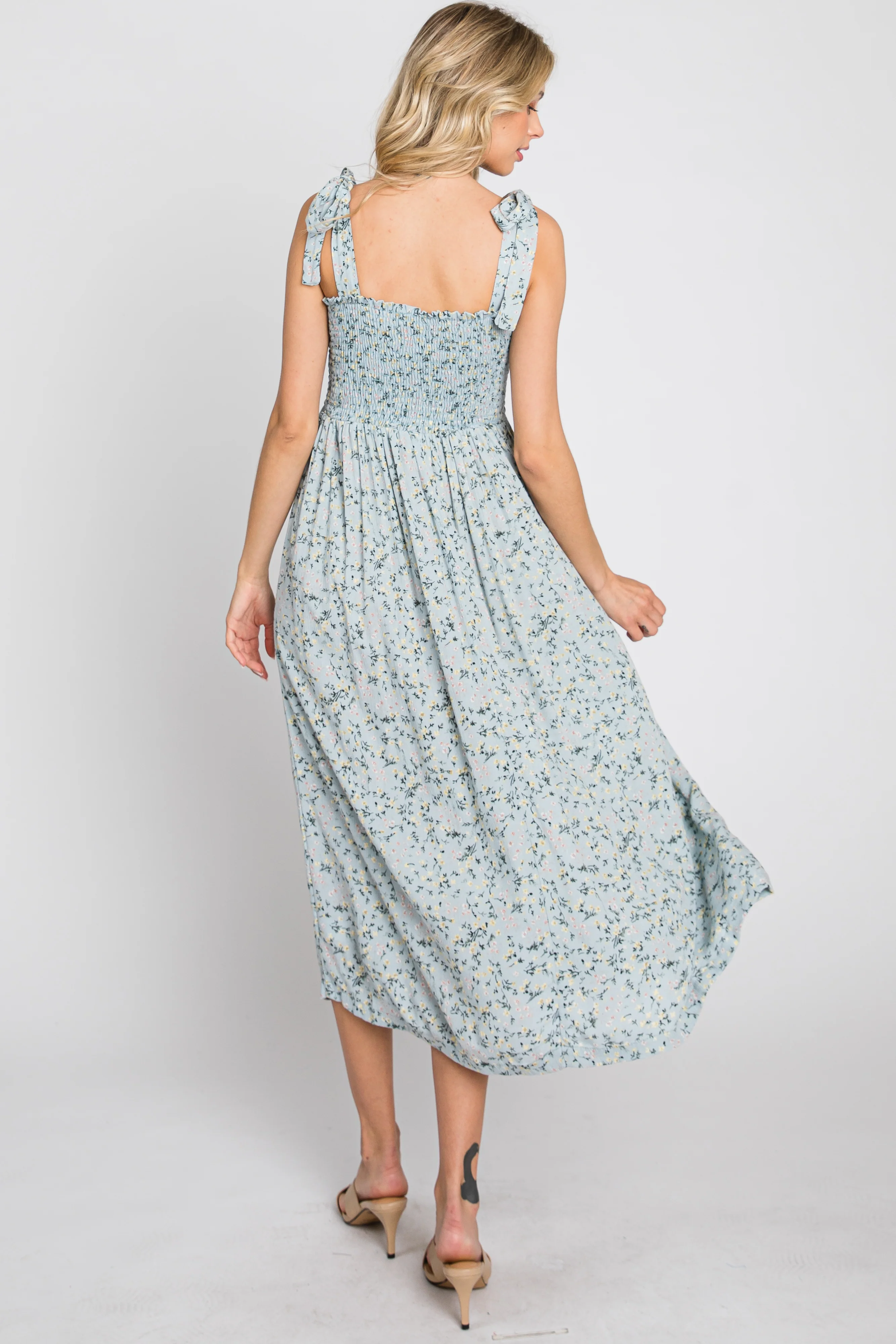 Light Blue Floral Smocked Tie Strap Midi Dress - Image 8