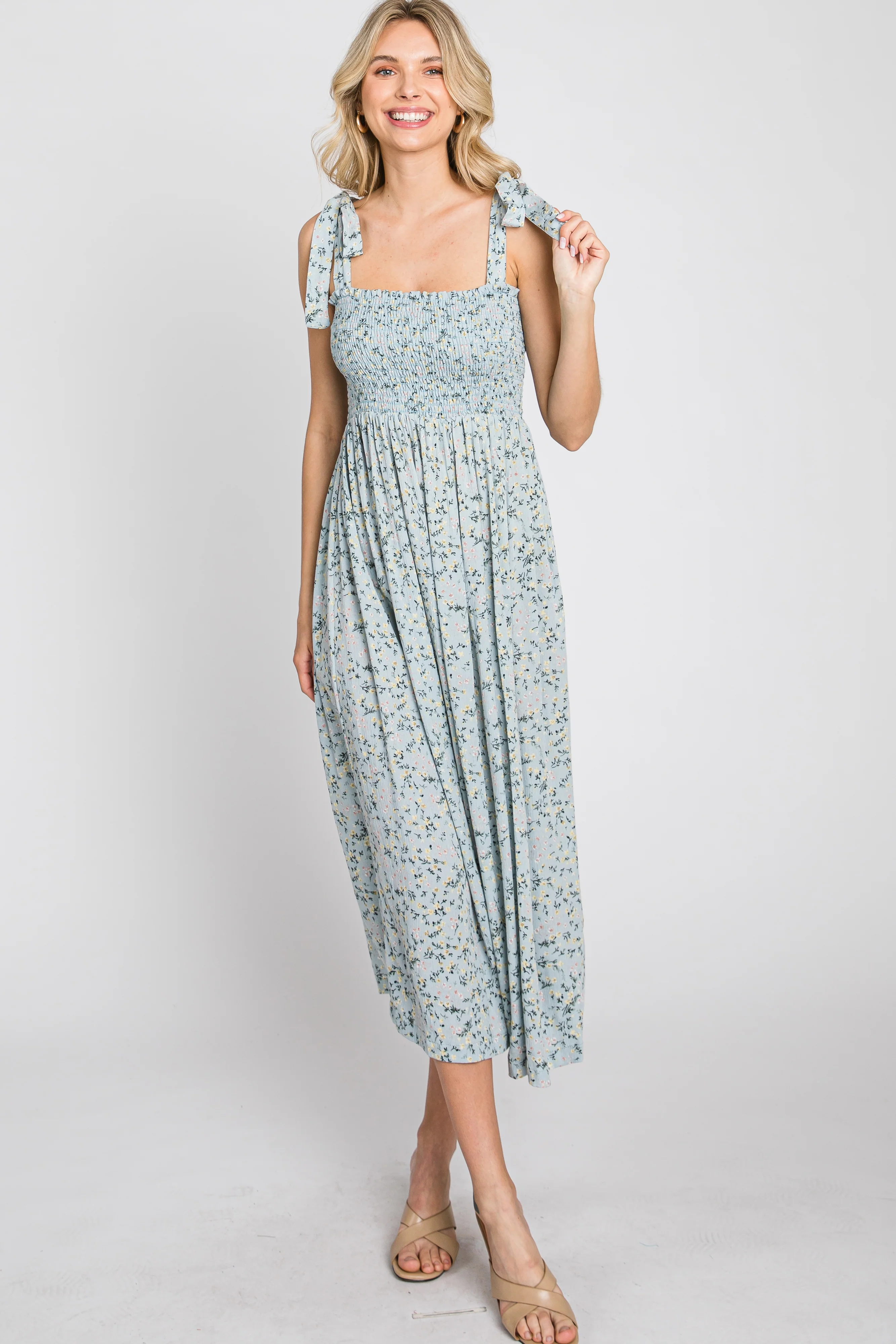 Light Blue Floral Smocked Tie Strap Midi Dress - Image 9