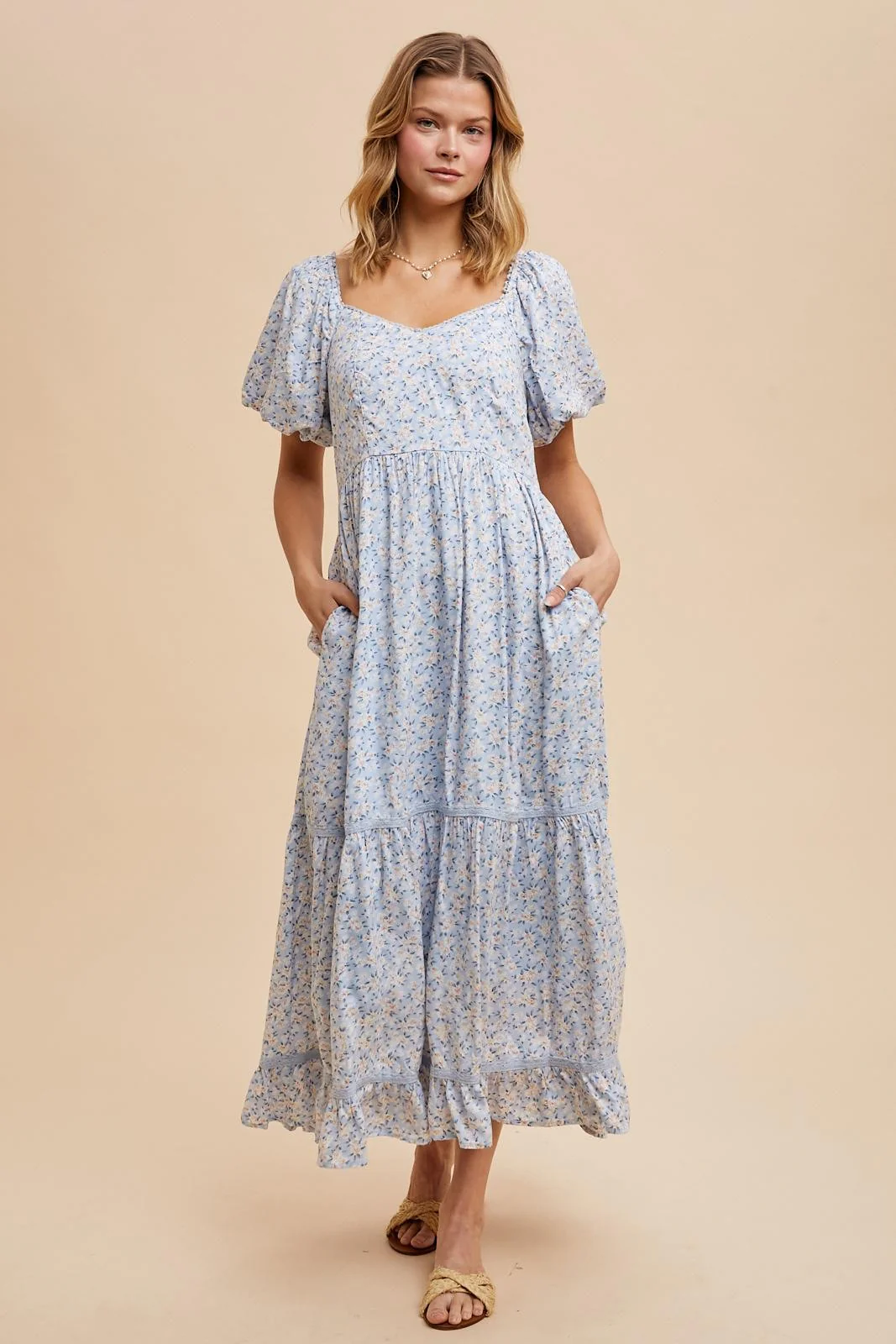 Light Blue Floral Sweetheart Maternity Maxi Dress - Image 6