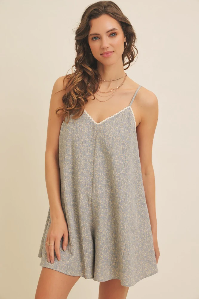 Light Blue Flowy Jacquard Ditsy Maternity Romper - Image 4