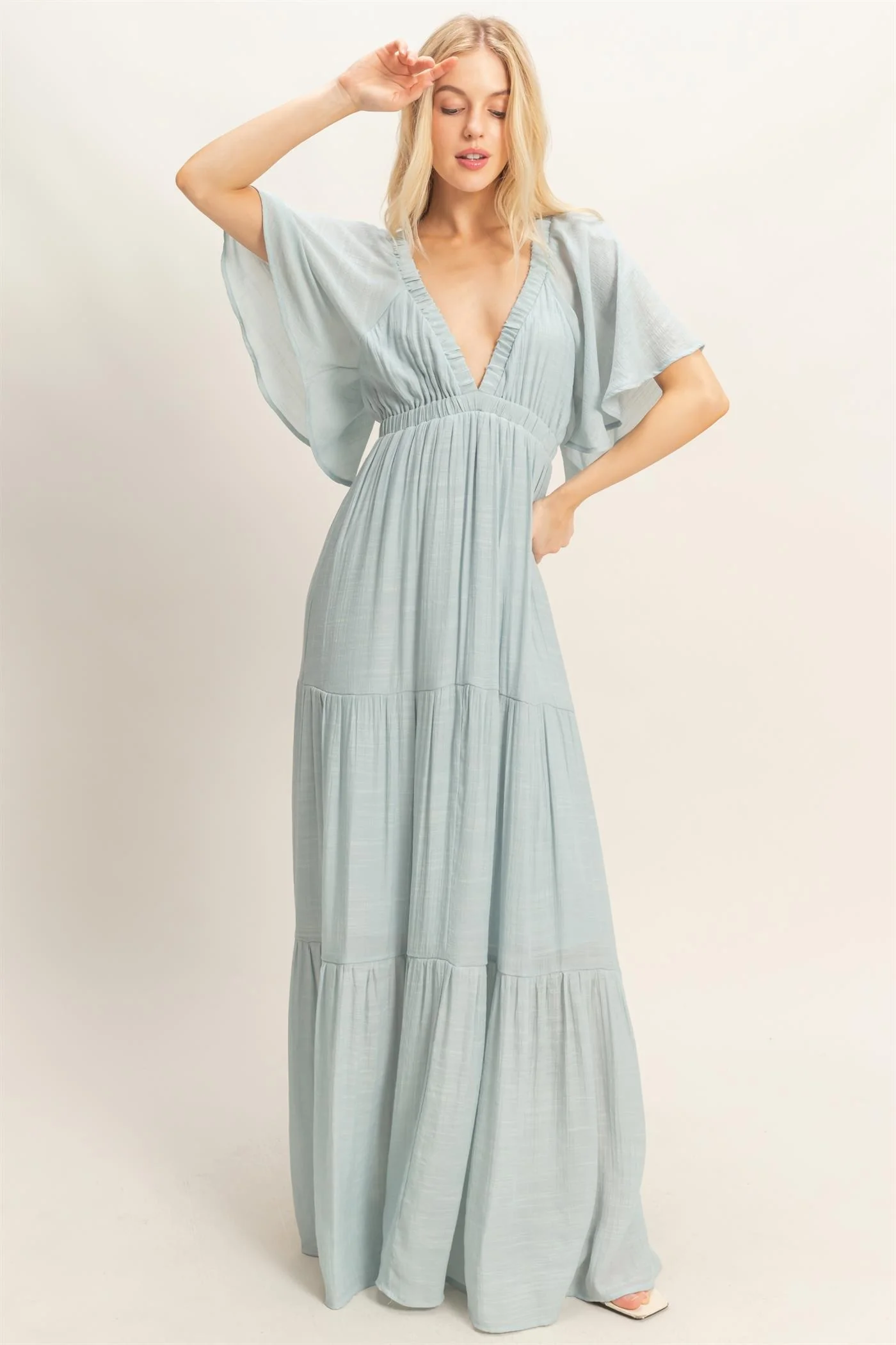 Light Blue Flutter Sleeve Maxi Dress