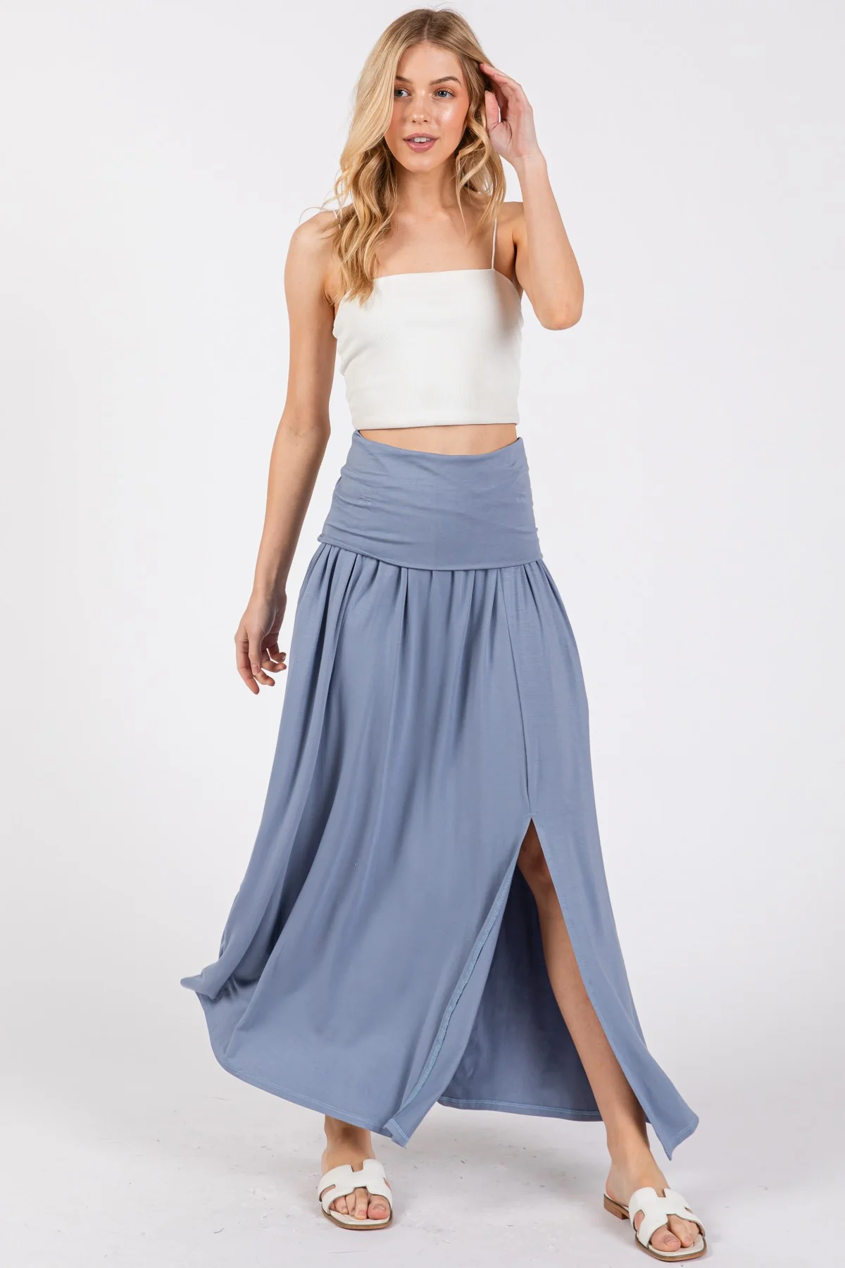 Light Blue Foldover Waist Side Slit Maternity Maxi Skirt - Image 6