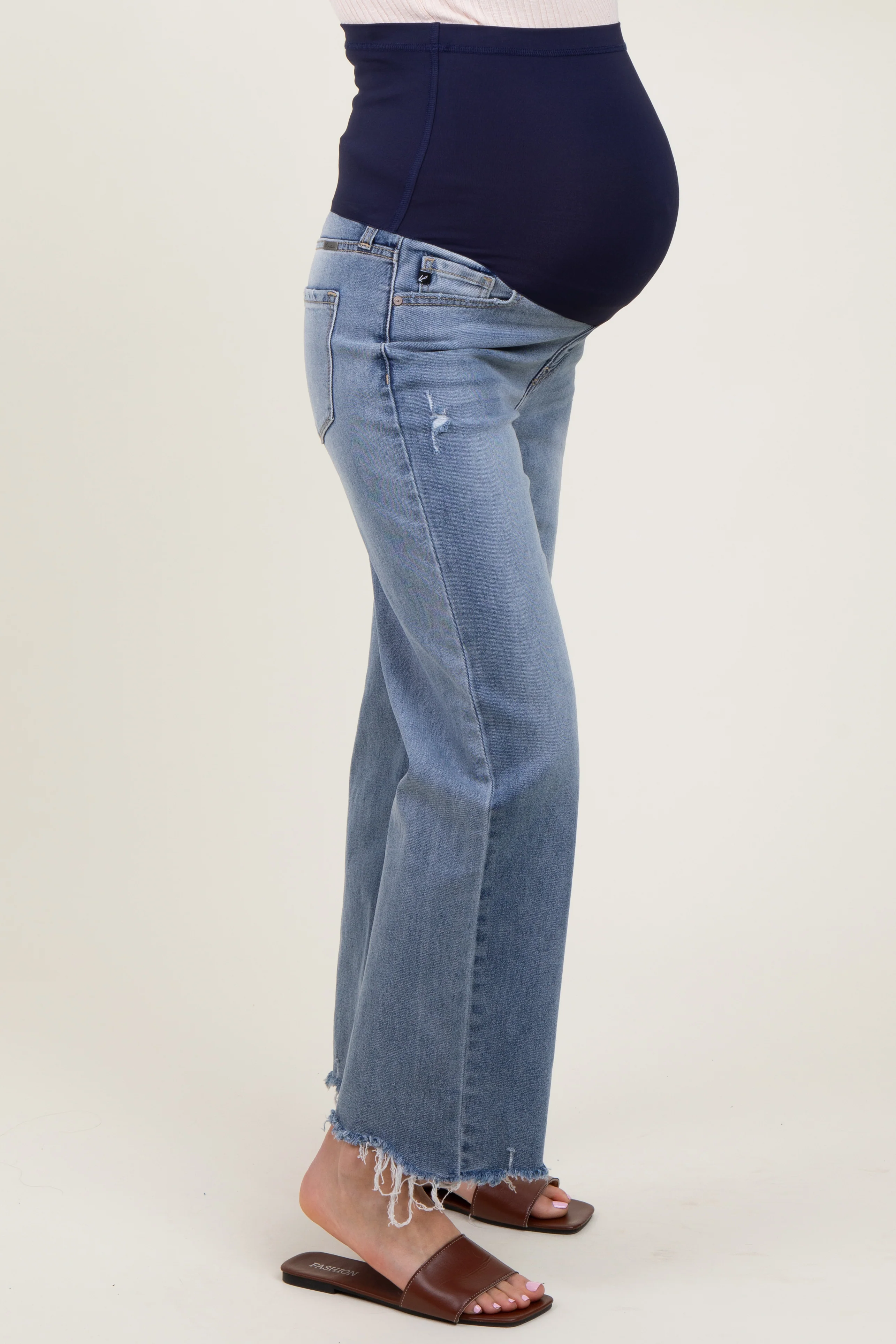 Light Blue Fringe Hem Maternity Wide Leg Jeans - Image 4