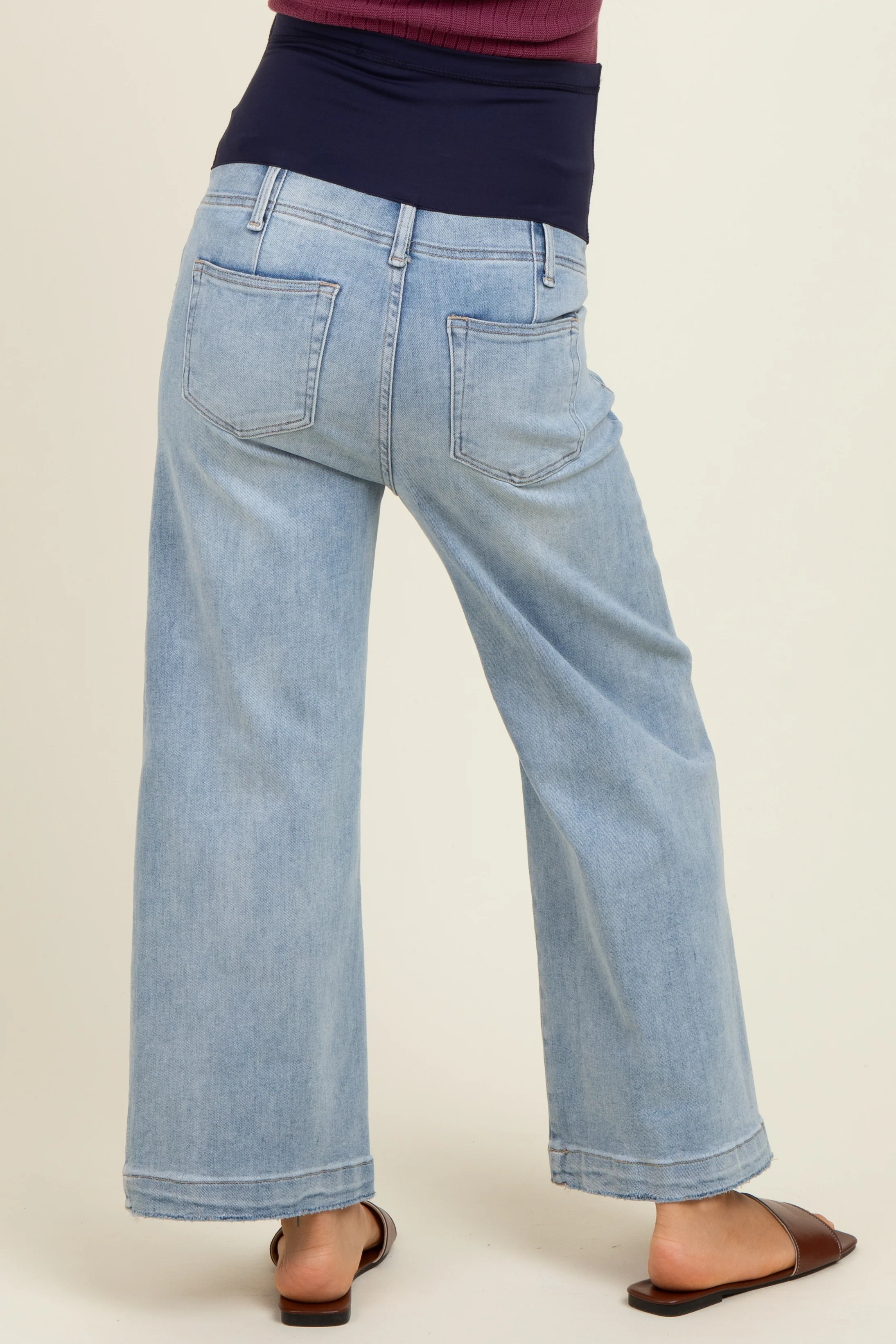 Light Blue Front Seam Cropped Wide Leg Maternity Jeans - Image 4