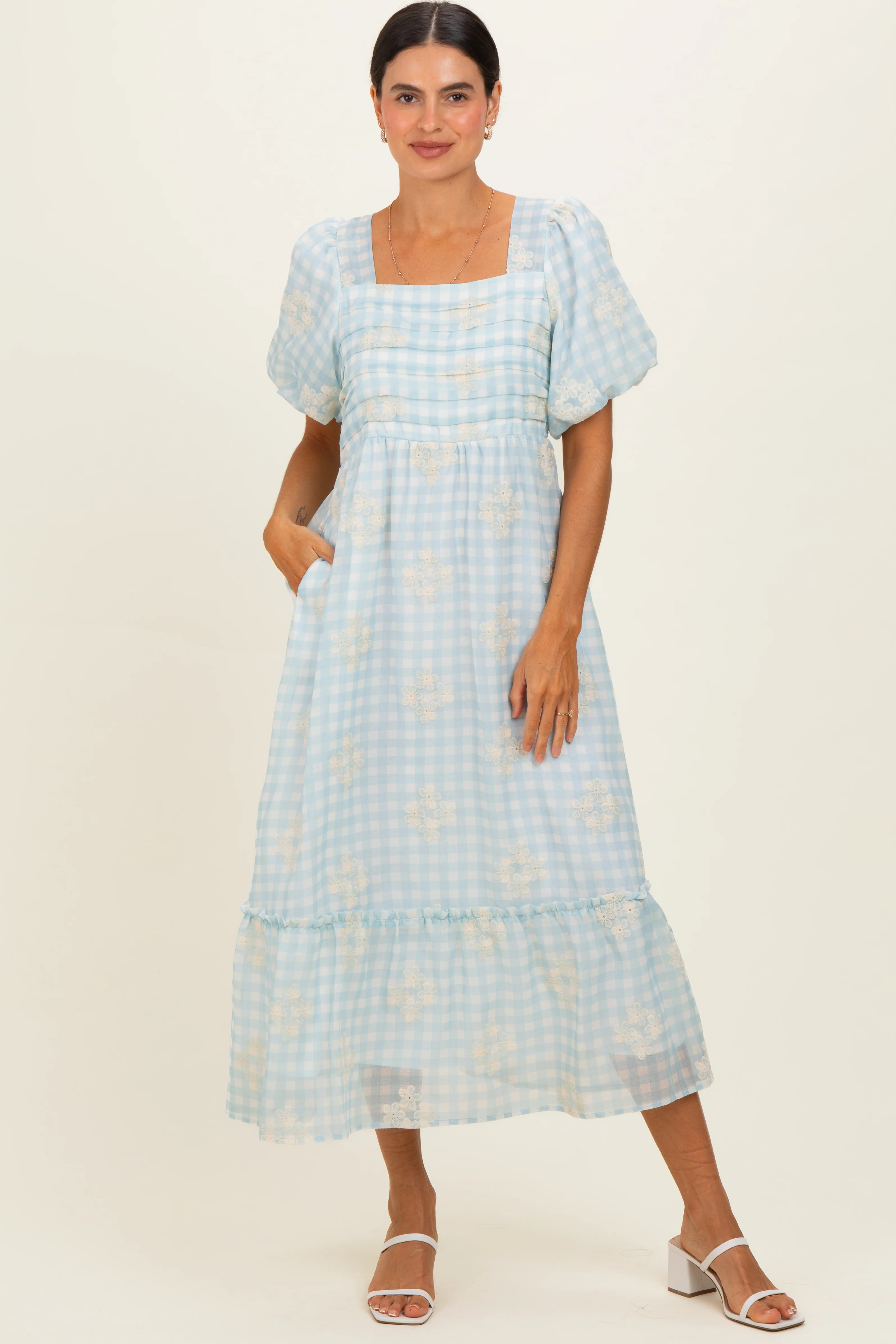 Light Blue Gingham Pleated Square Neck Maternity Midi Dress - Image 4