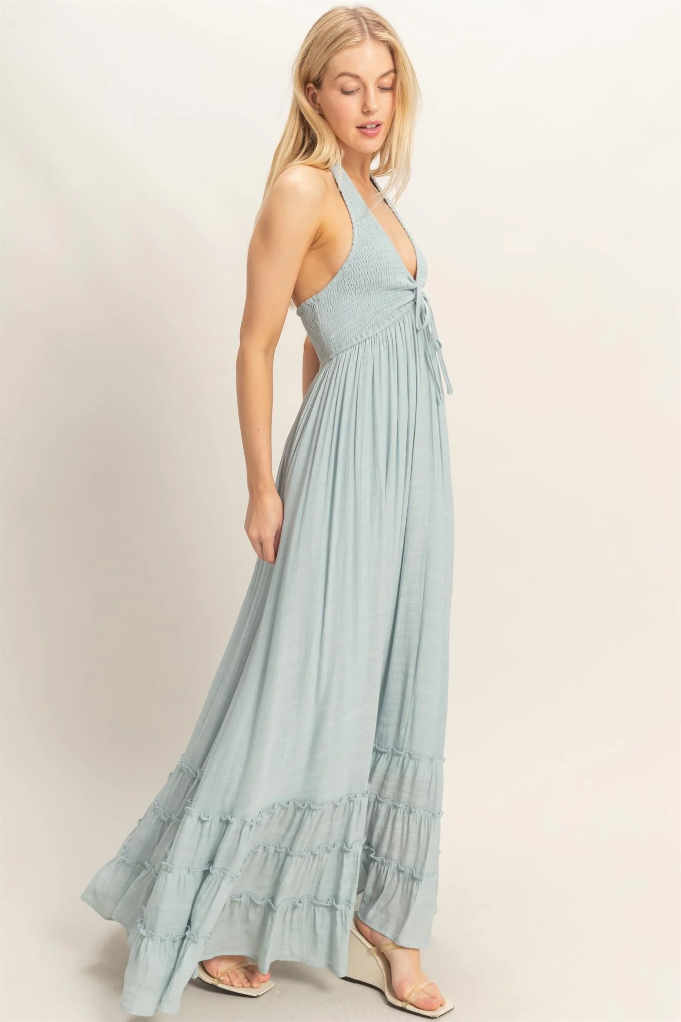 Light Blue Halter Neck Smocked Maxi Dress - Image 3