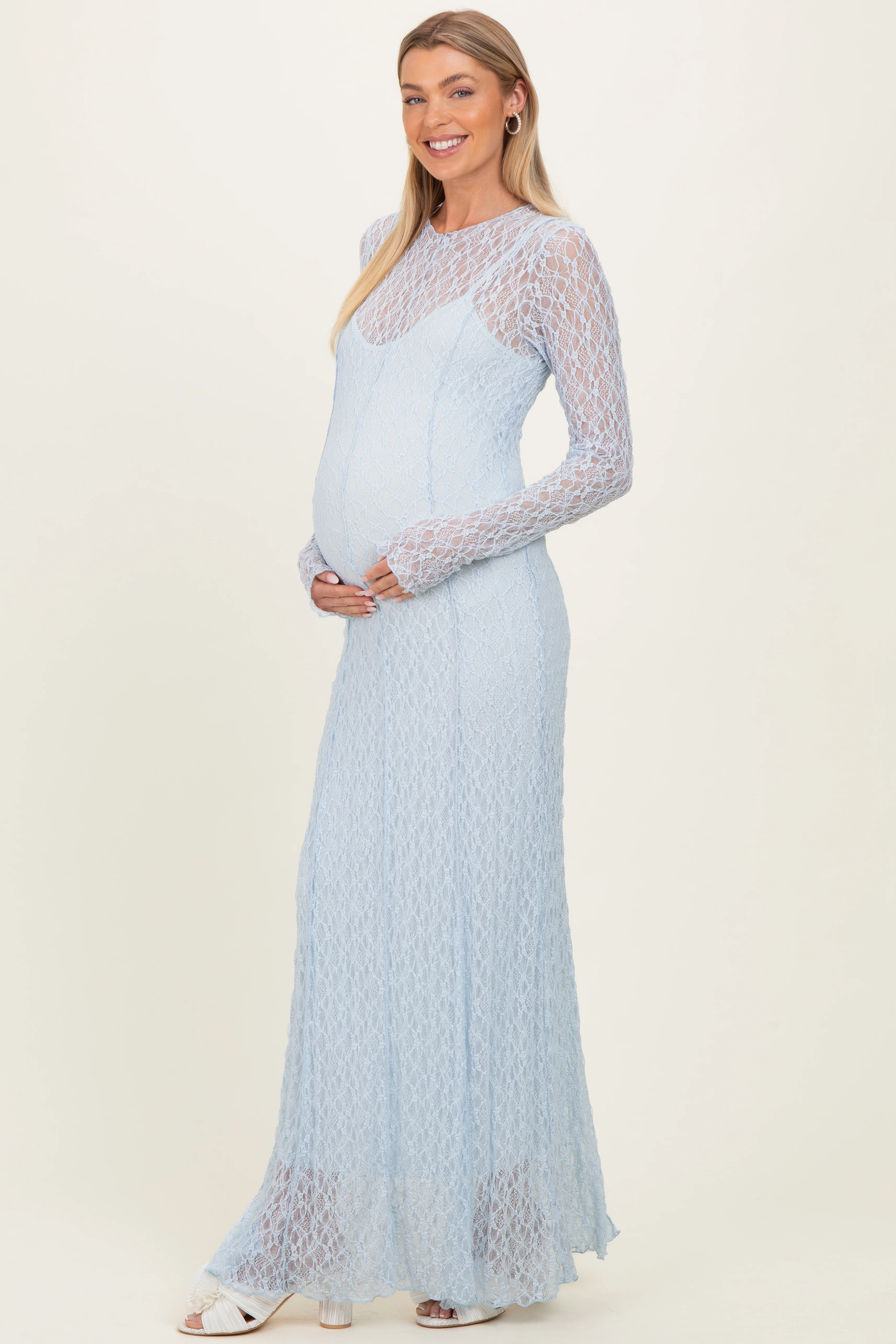 Light Blue Lace Mock Neck Long Sleeve Maternity Maxi Dress - Image 3