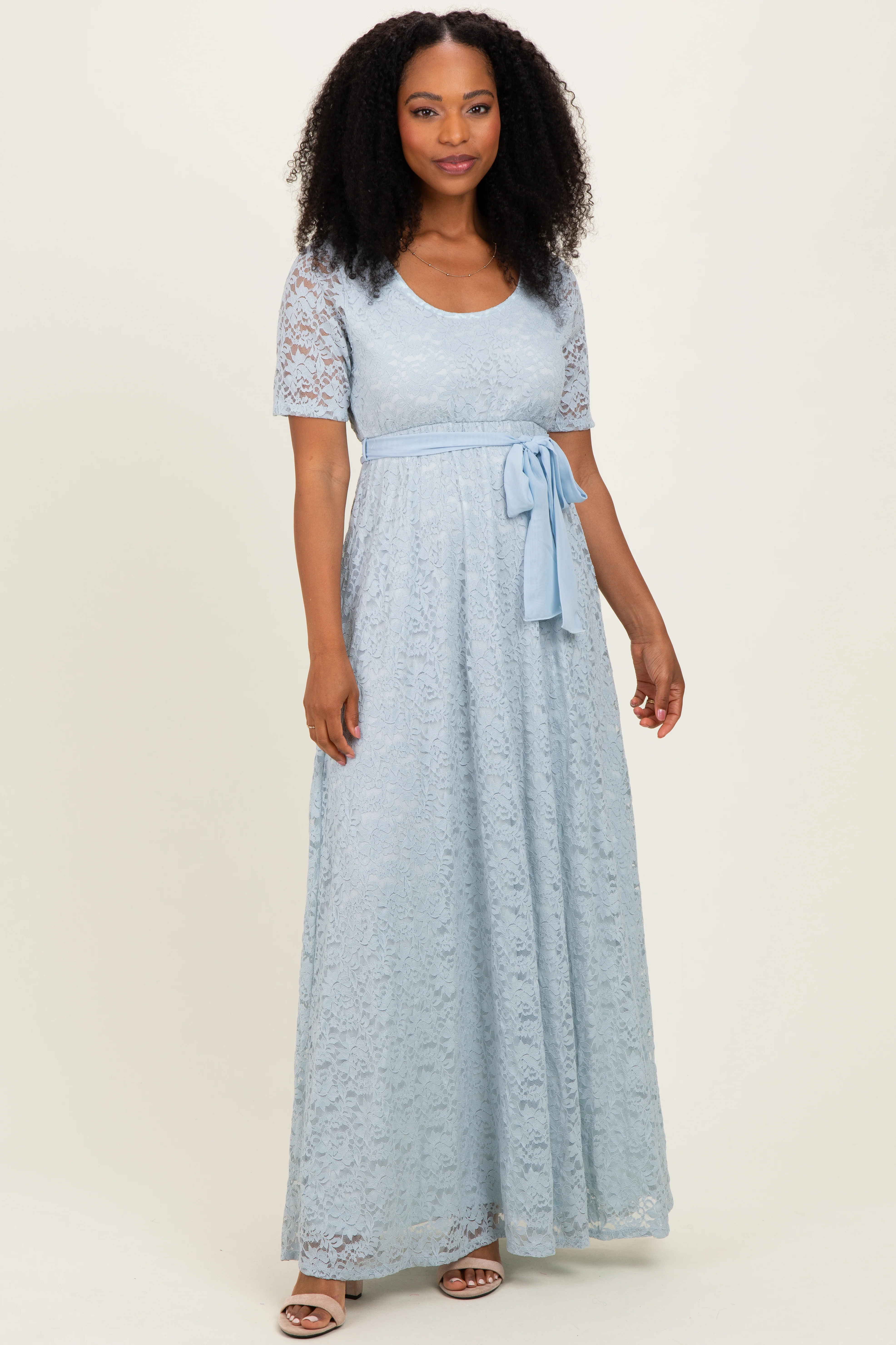 Light Blue Lace Sash Tie Maternity Gown - Image 5