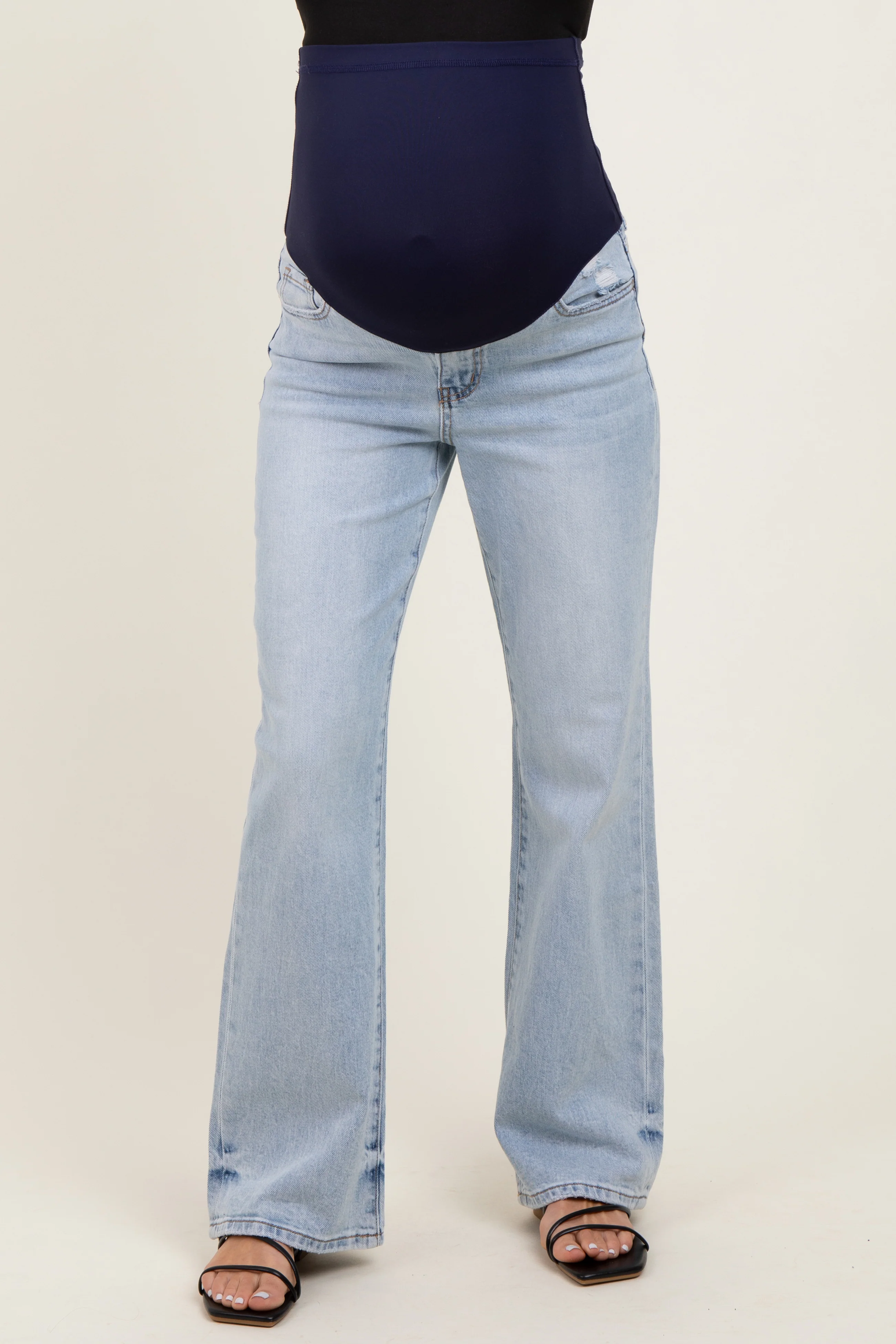 Light Blue Lightly Distressed Maternity Flare Jeans - Image 3