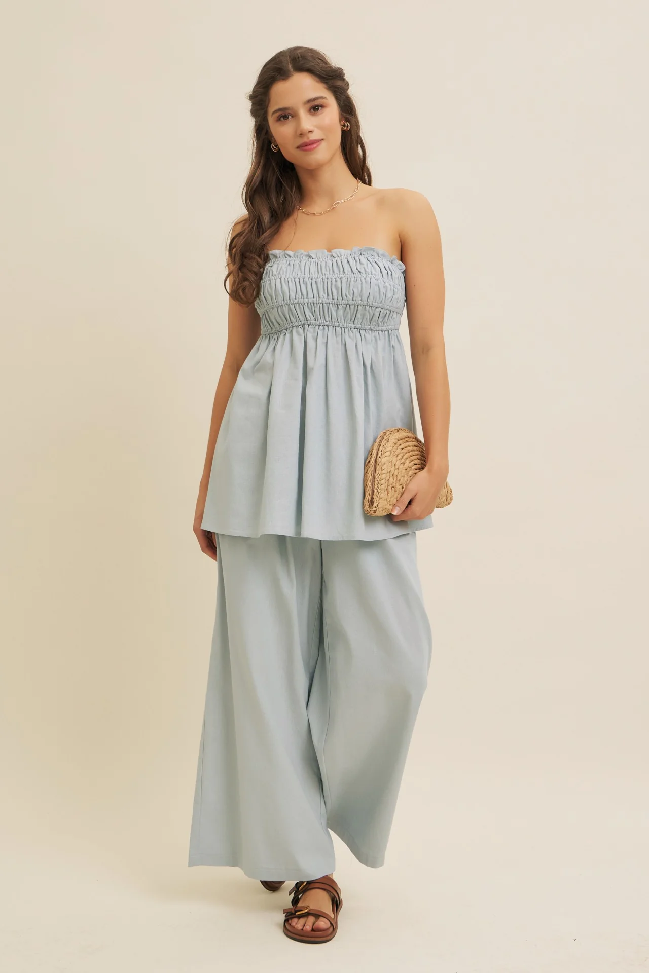 Light Blue Linen Ruched Strapless Tube Tunic Top - Image 3