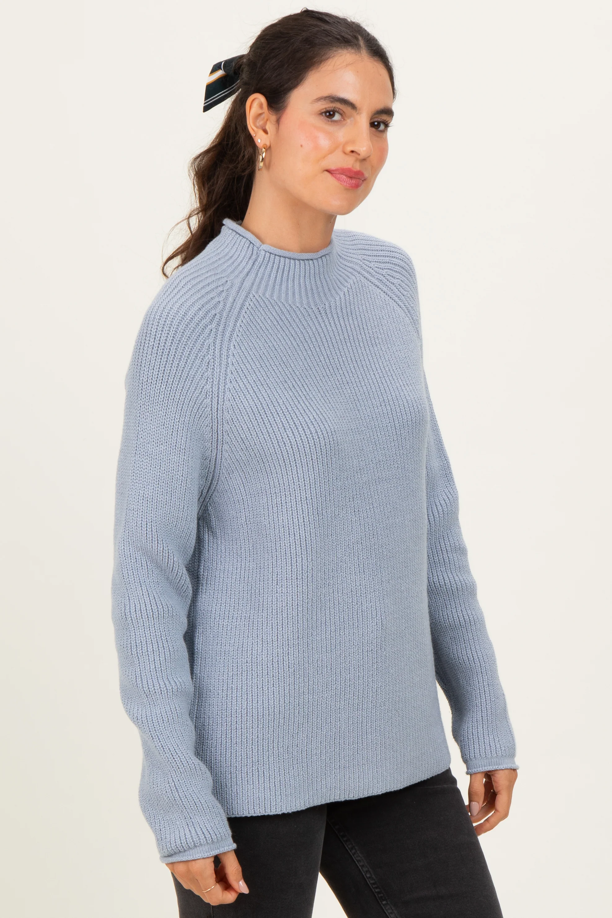 Light Blue Mock Neck Ribbed Knit Basic Sweater Top - Image 3