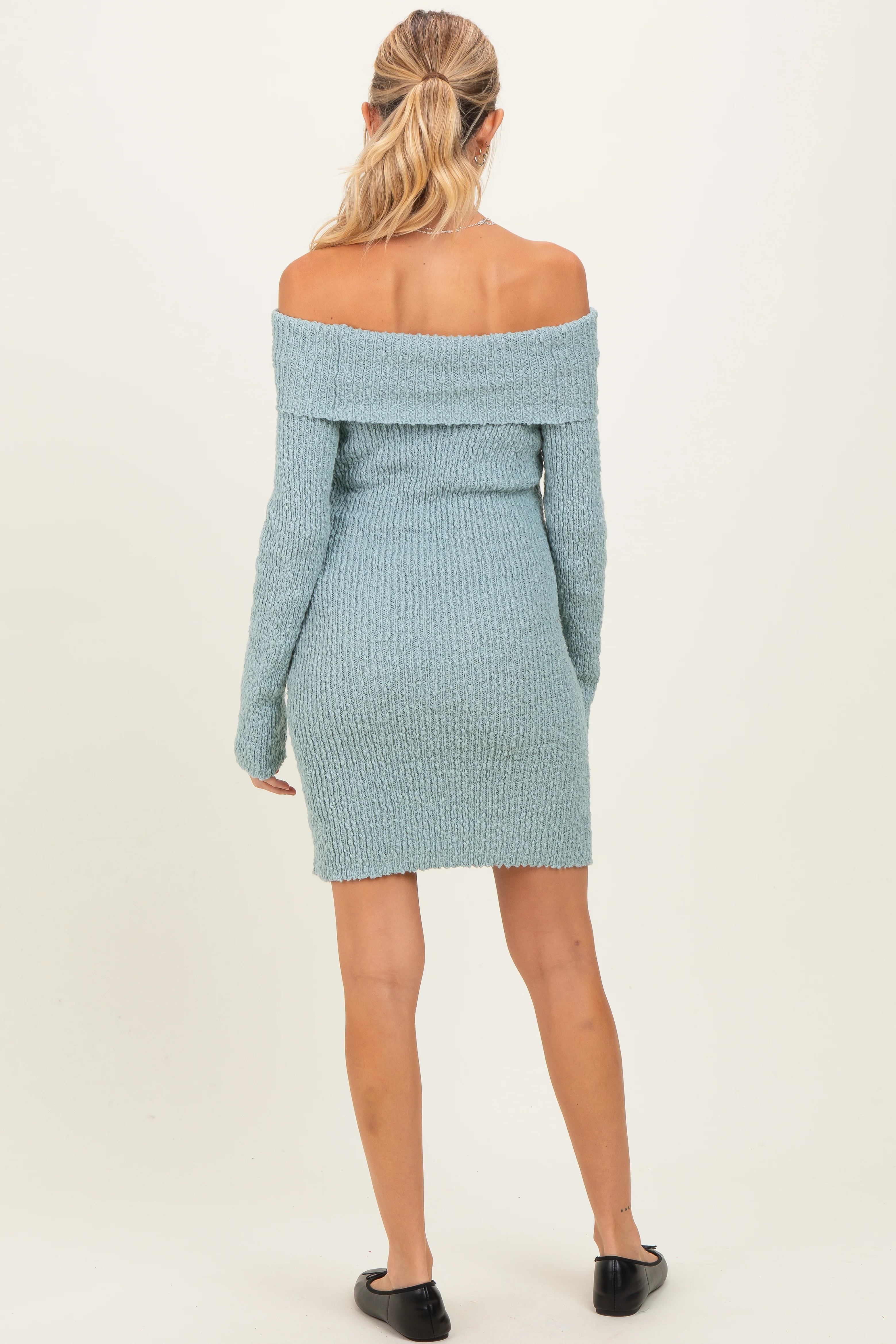 Light Blue Off The Shoulder Knit Sweater Maternity Mini Dress - Image 4