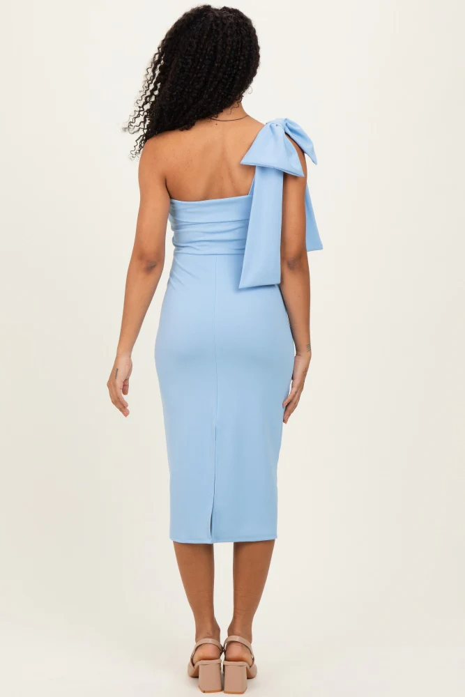 Light Blue One Shoulder Bow Midi Dress - Image 5