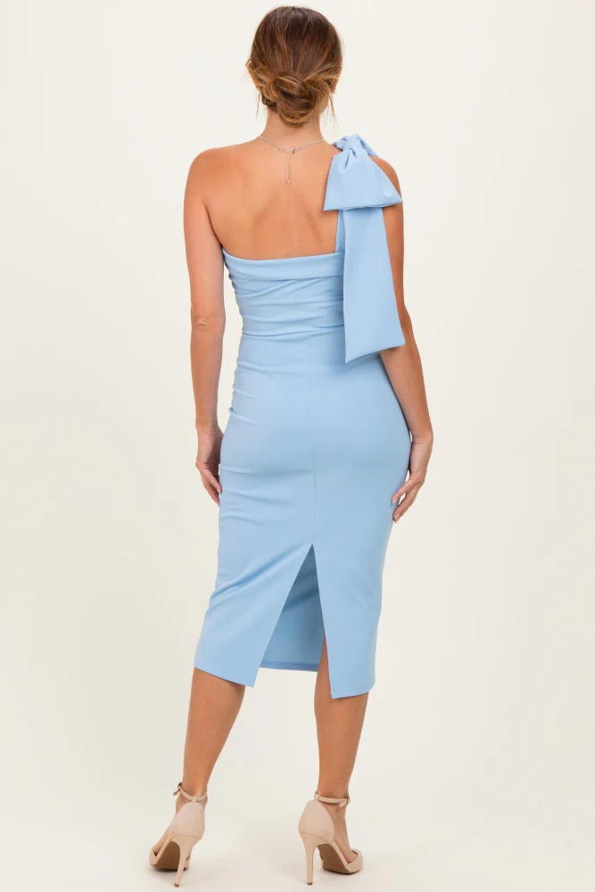 Light Blue One Shoulder Bow Midi Dress - Image 7