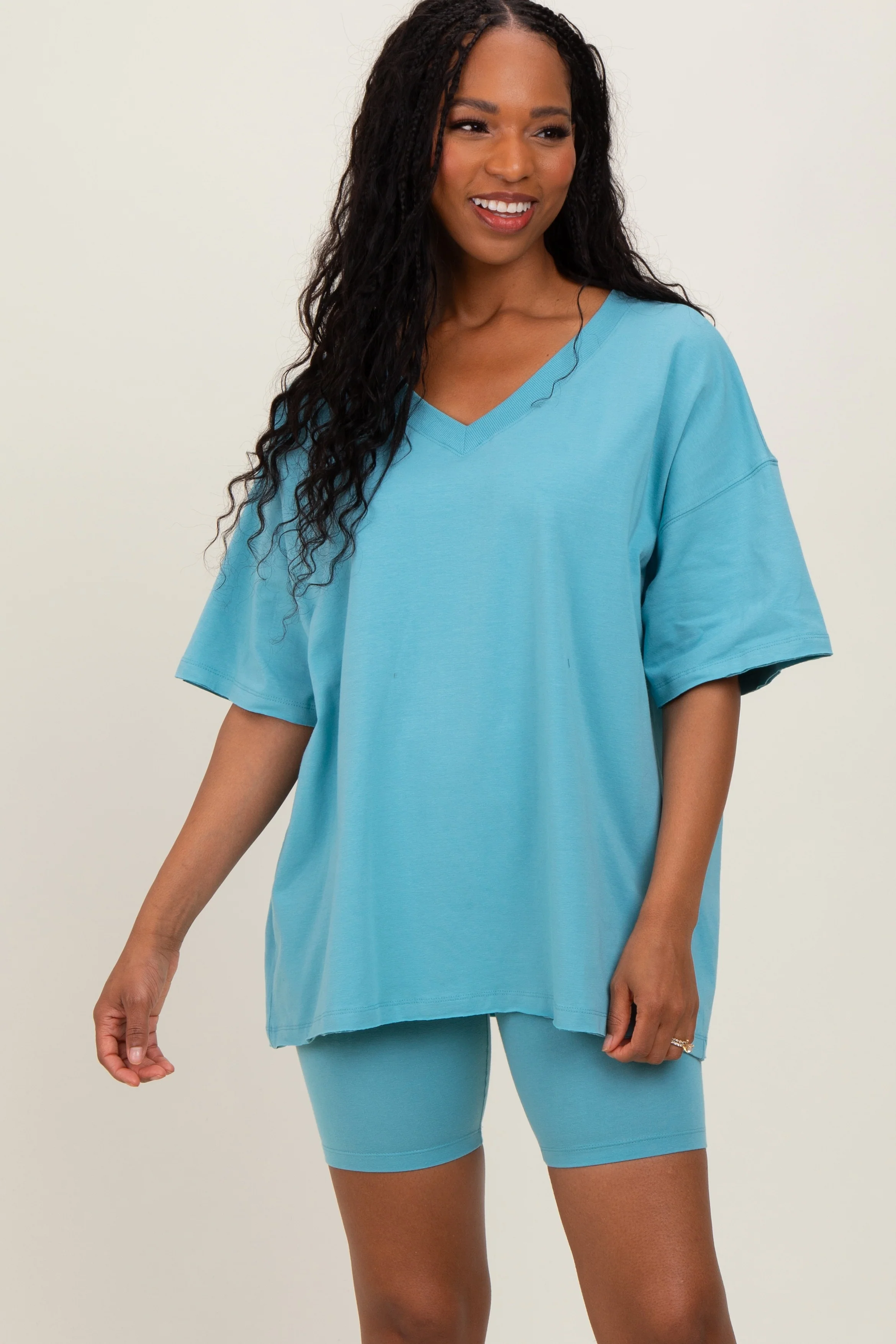 Light Blue Oversized V-Neck Biker Short Maternity Set - Image 5
