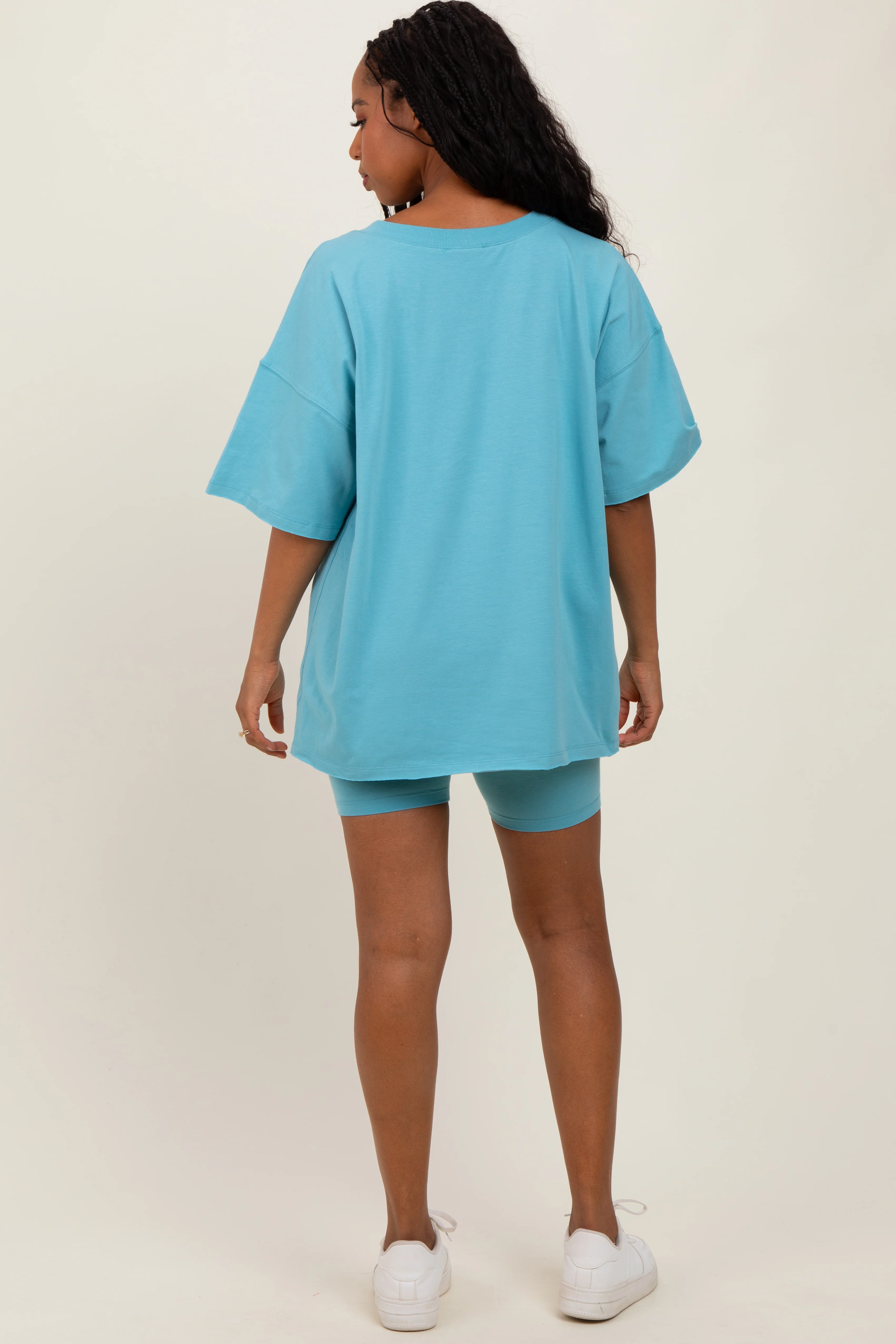 Light Blue Oversized V-Neck Biker Short Set - Image 4