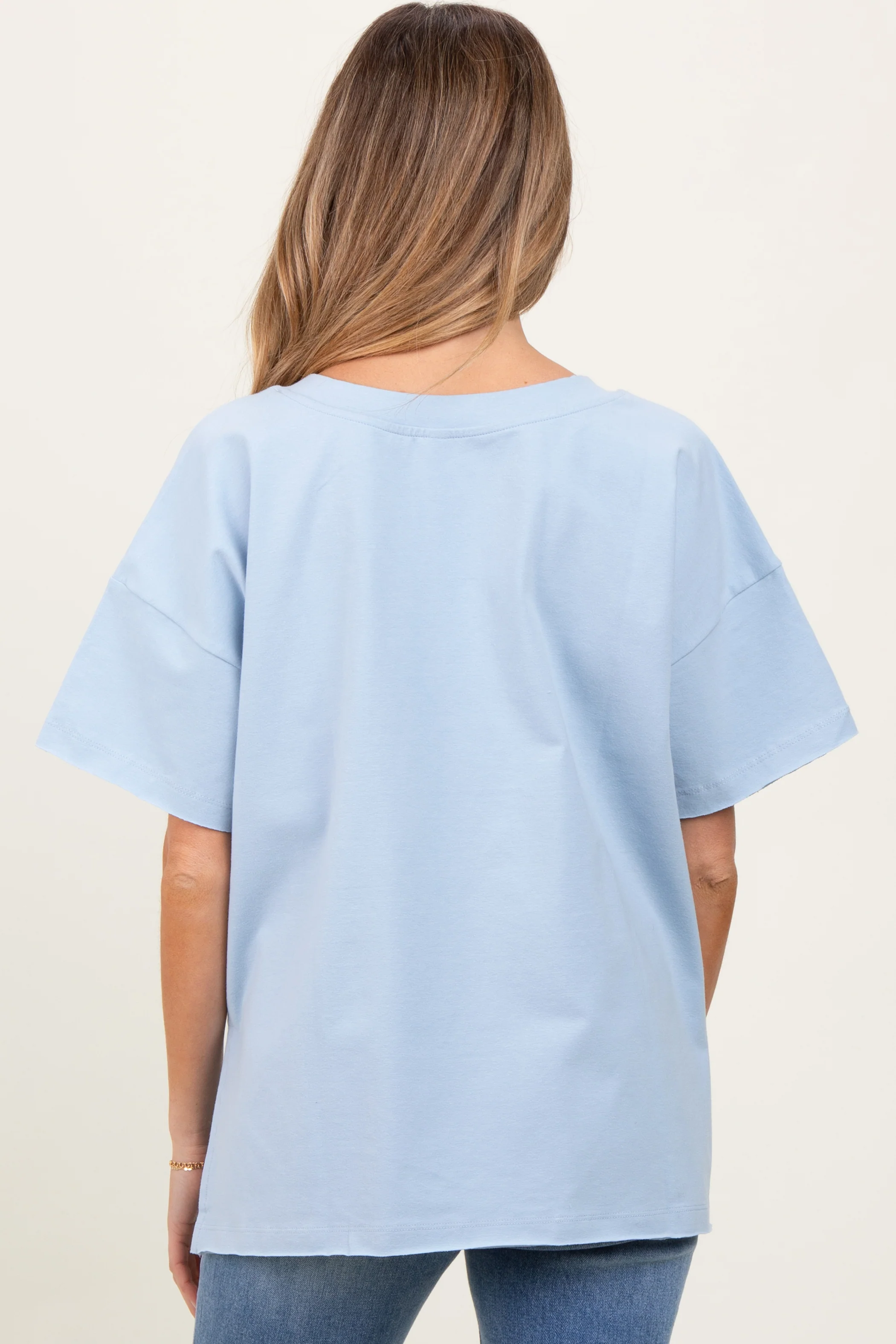 Light Blue Oversized V-Neck Side Slit Maternity Tee - Image 3