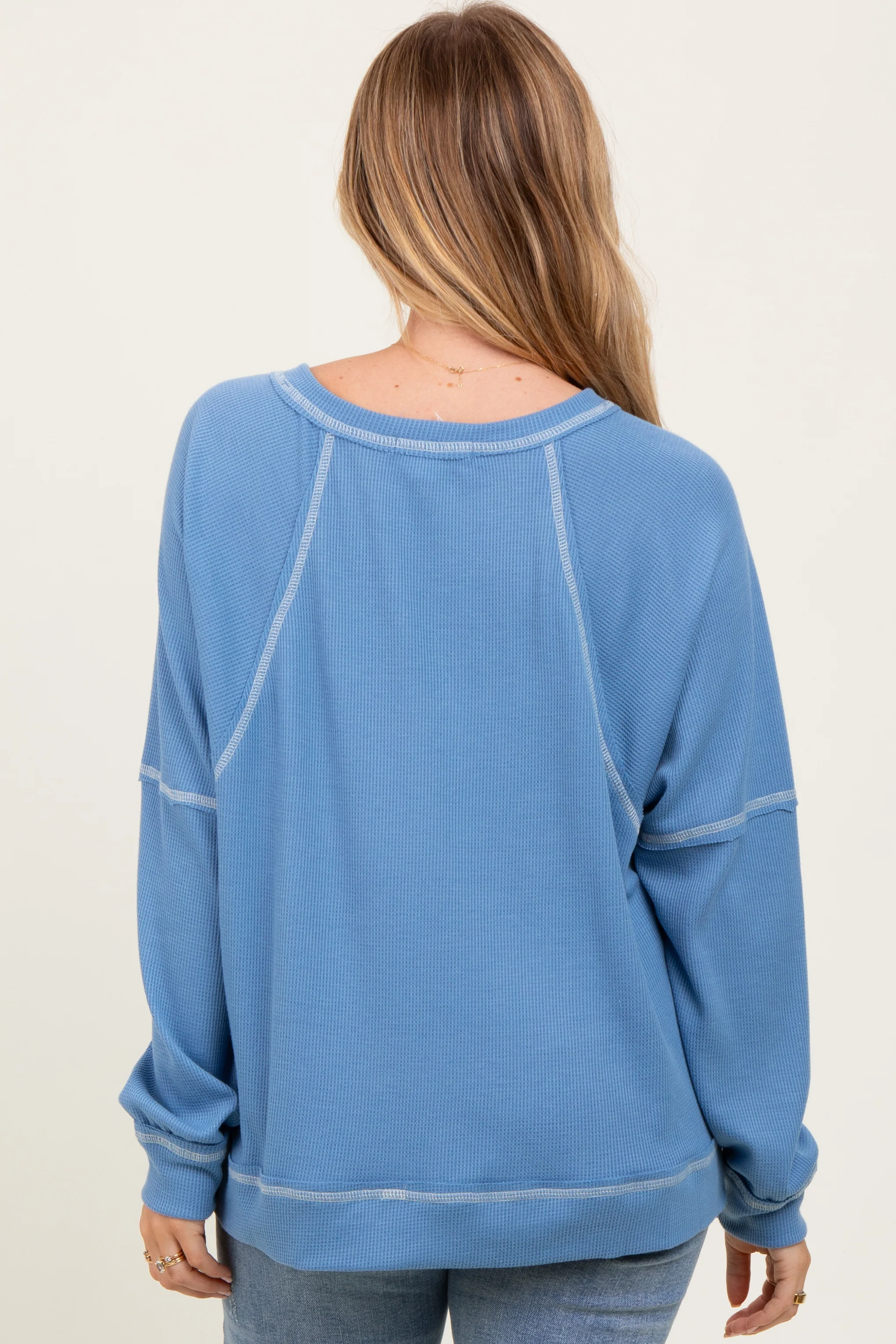 Light Blue Oversized V-Neck Waffle Knit Long Sleeve Top - Image 4