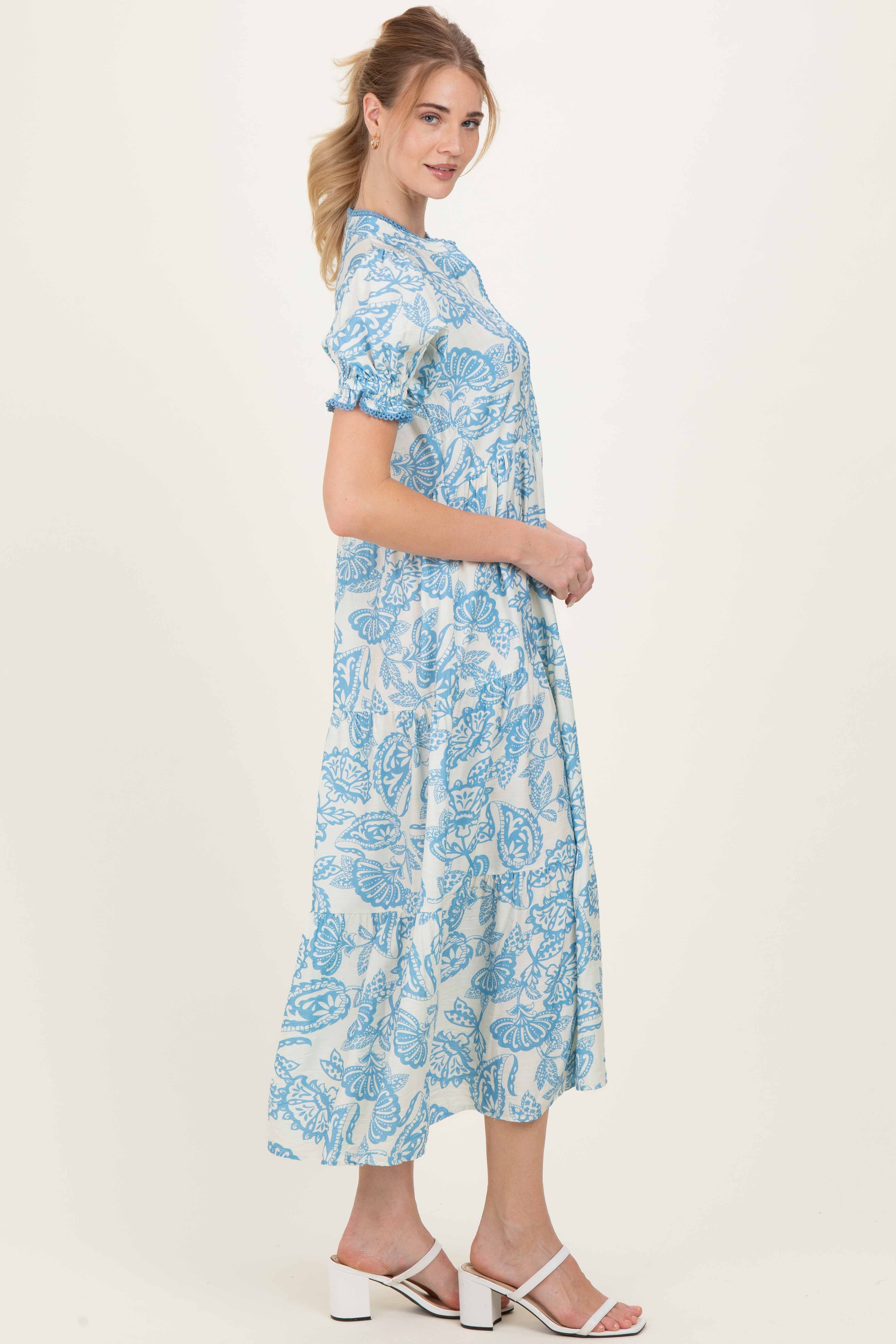 Light Blue Paisley Print Tiered Midi Dress - Image 2