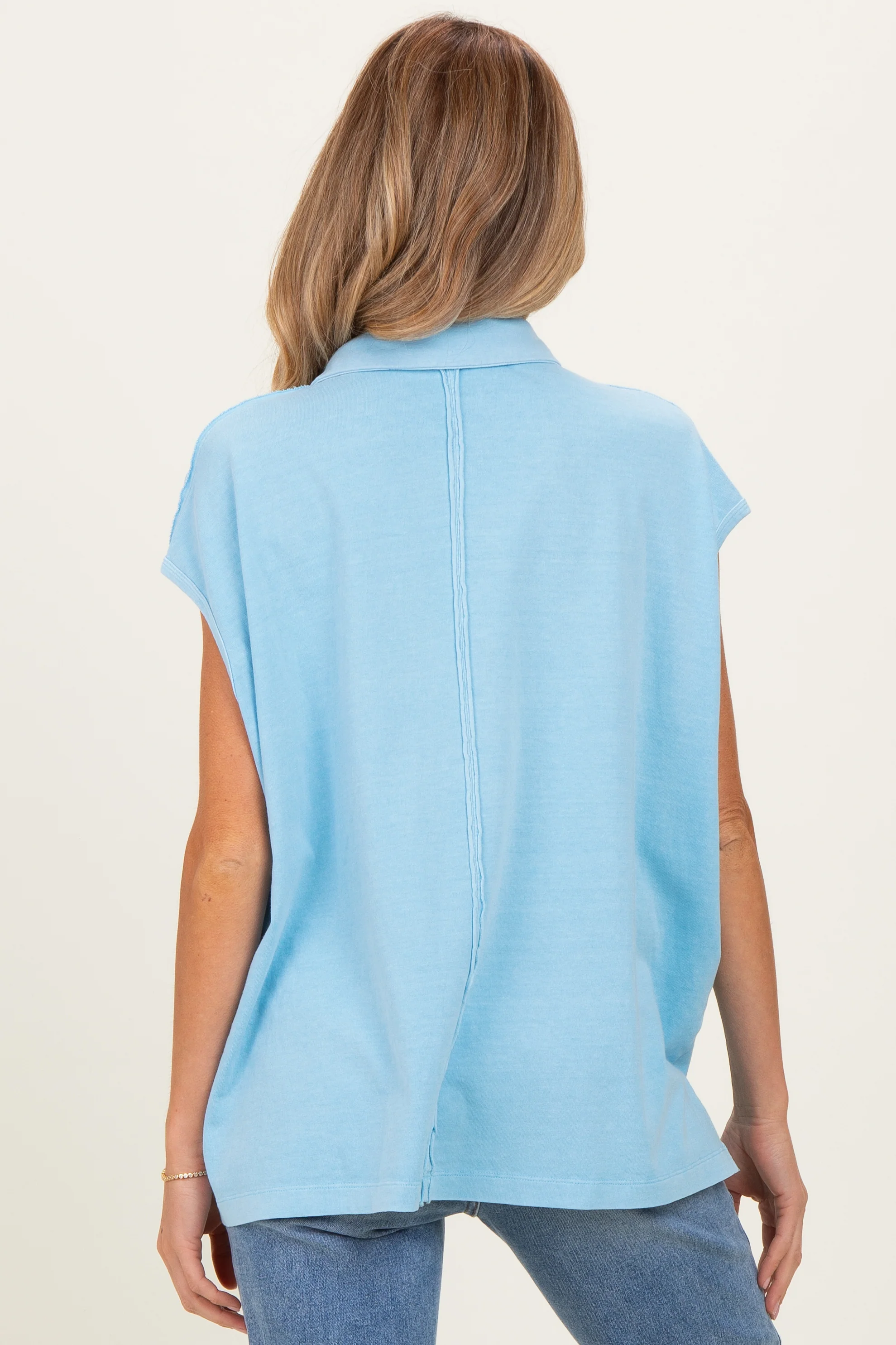 Light Blue Pigment Dye Sleeveless Polo Oversized Maternity Top - Image 4