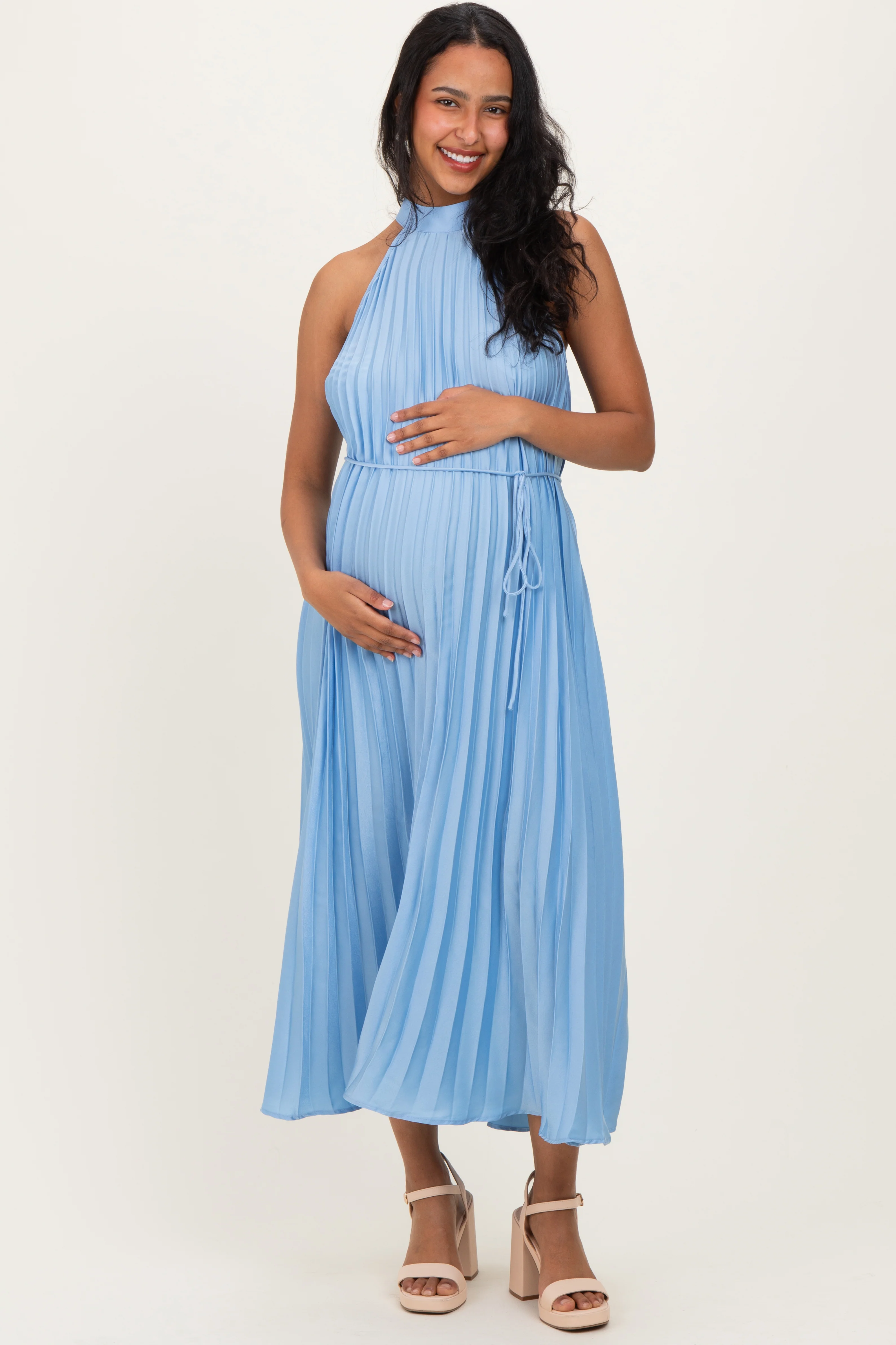 Light Blue Pleated Maternity Halter Dress - Image 4
