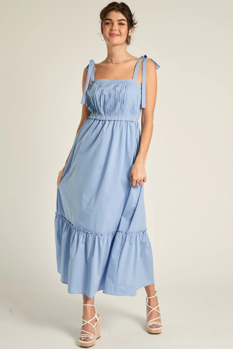 Light Blue Pleated Shoulder Tie Maternity Midi Dress - Image 3
