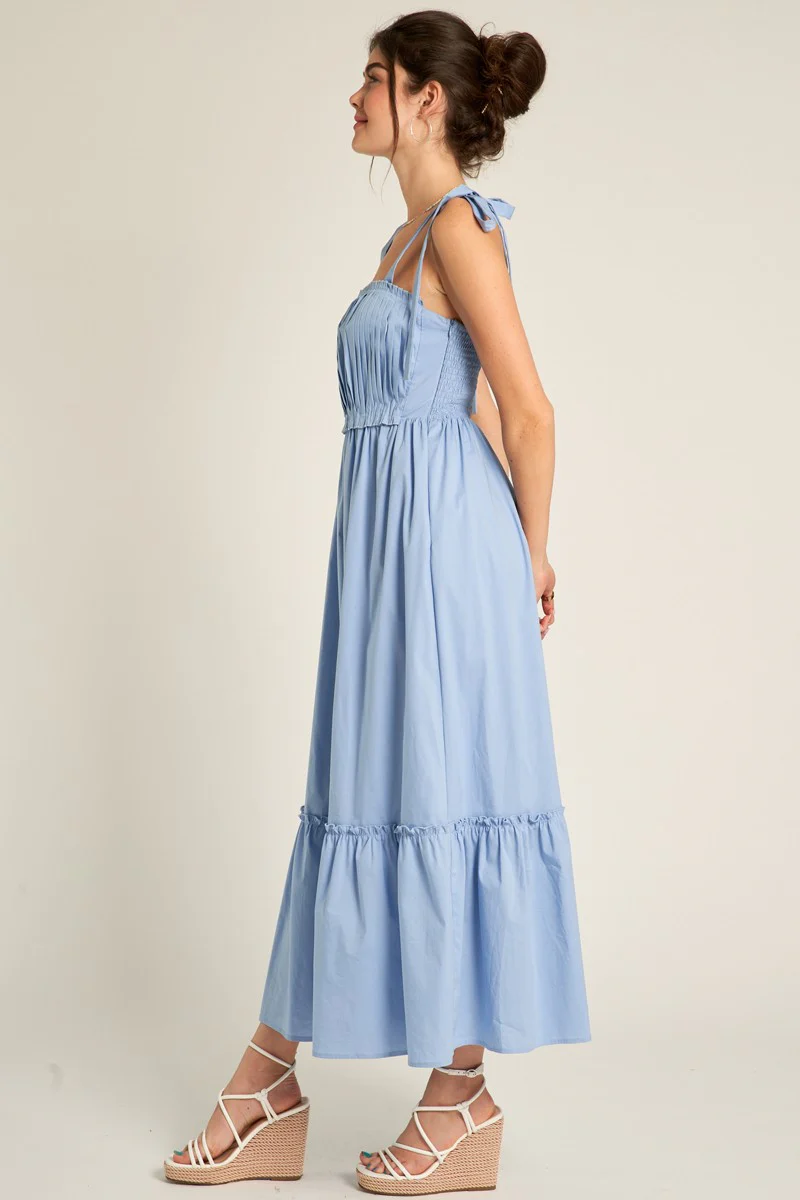 Light Blue Pleated Shoulder Tie Midi Dress - Image 3