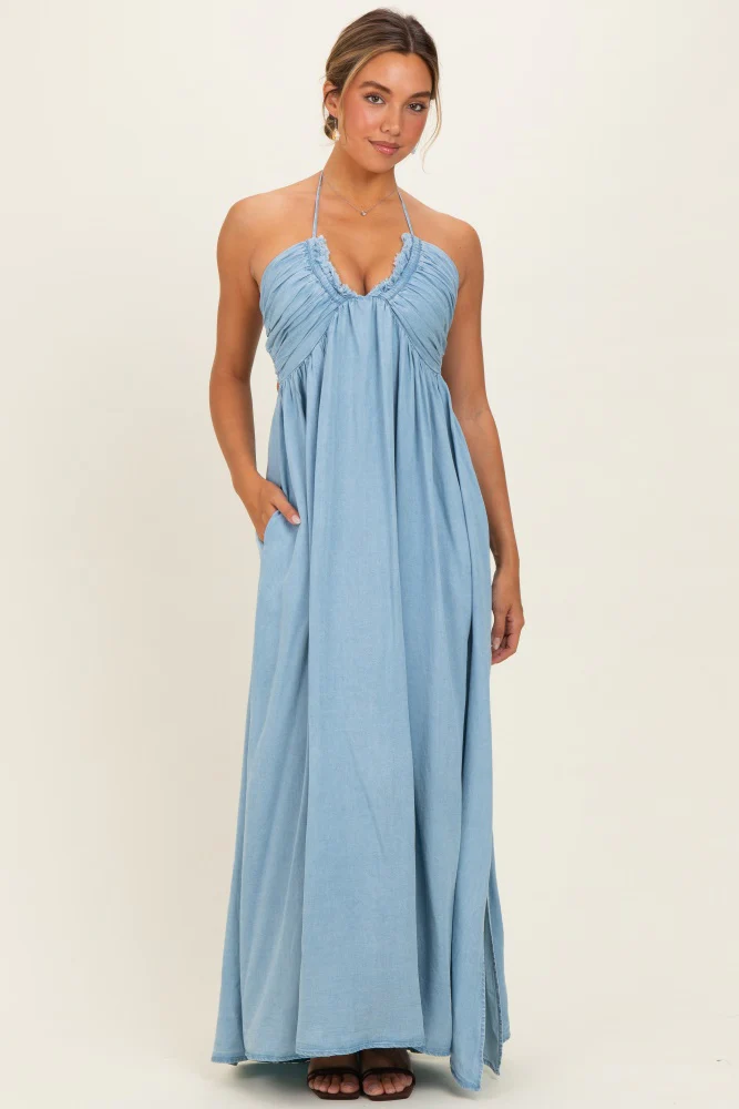 Light Blue Pleated V-Neck Maxi Dress - Image 2