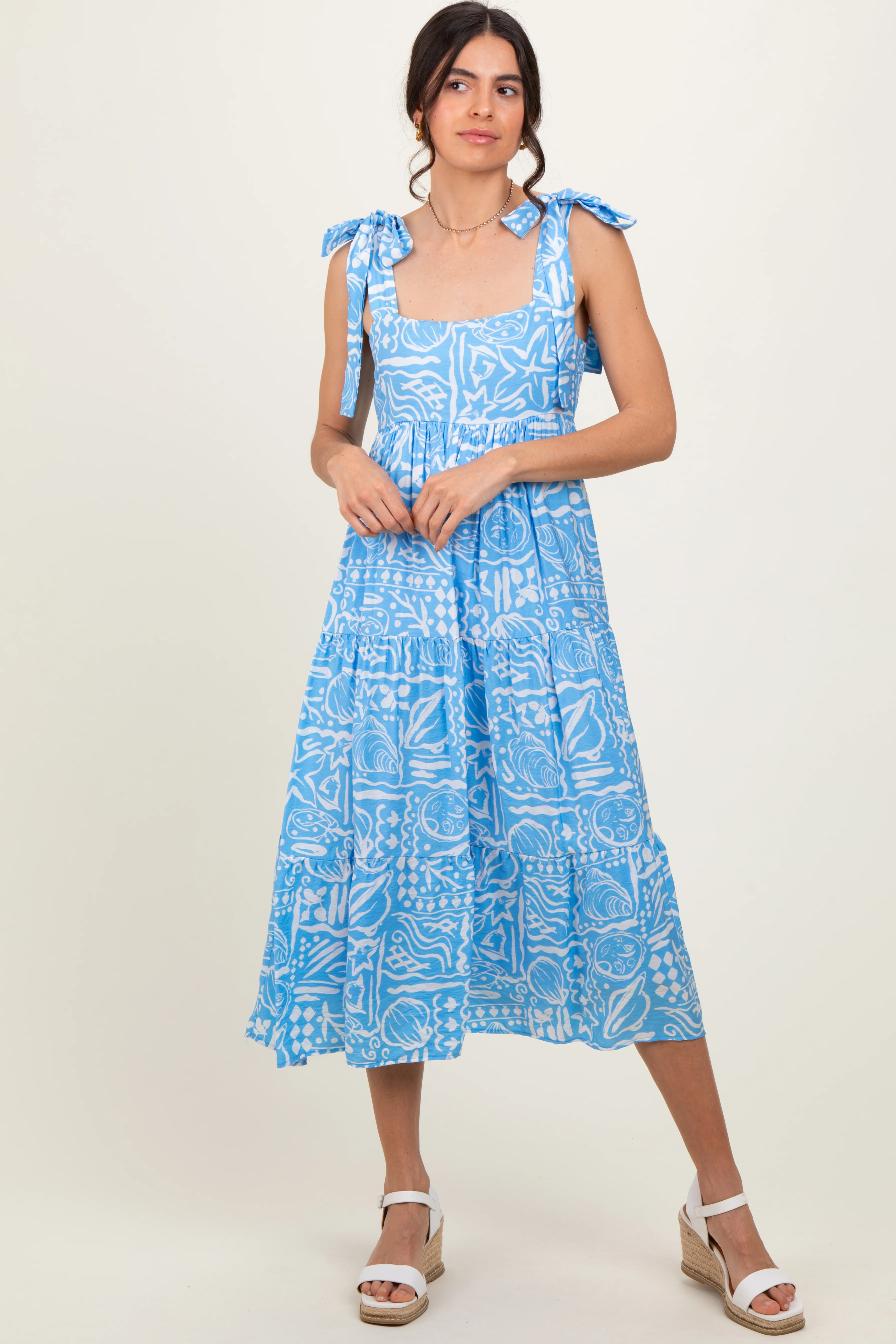 Light Blue Printed Tie Strap Tiered Midi Dress - Image 2