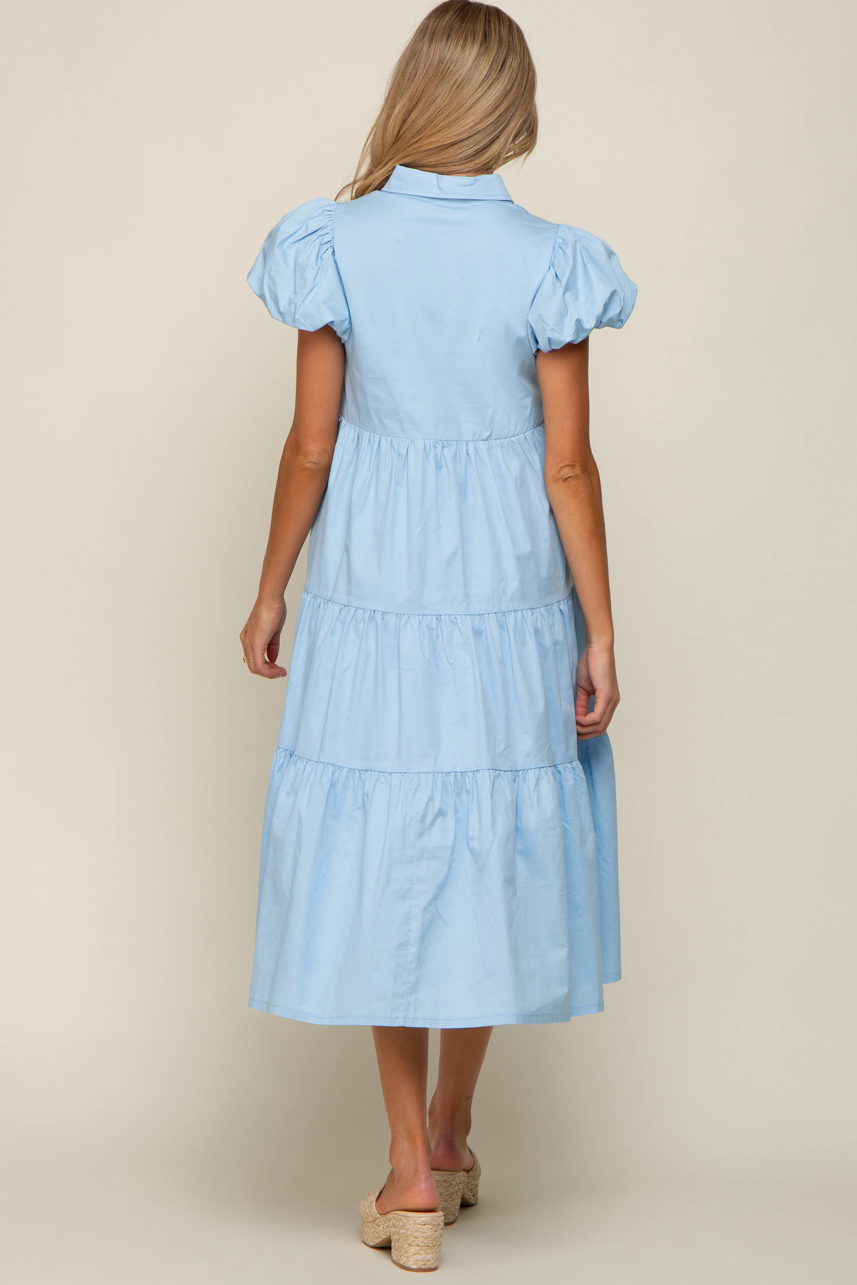 Light Blue Puff Sleeve Button Down Maternity Midi Dress - Image 3