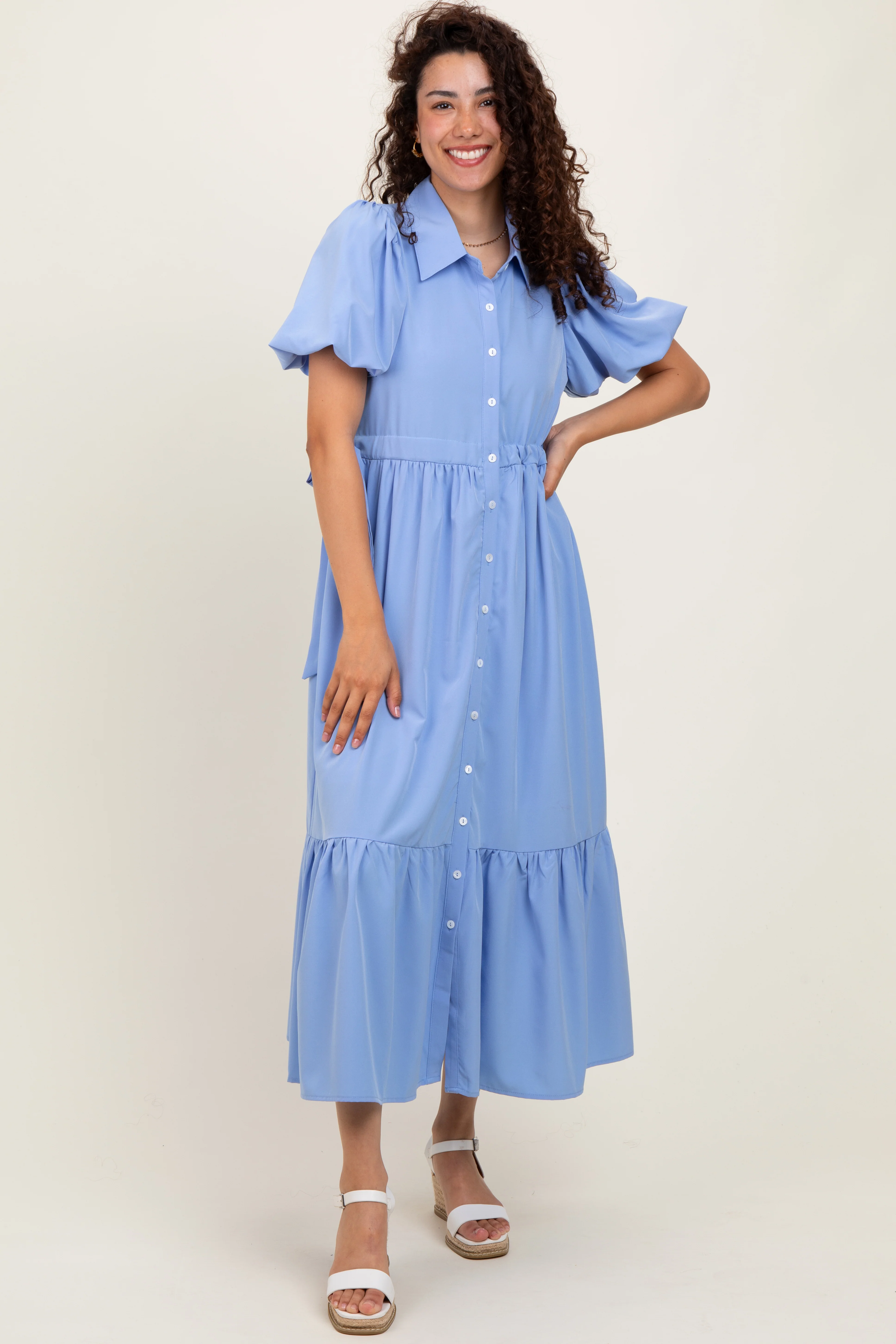 Light Blue Puff Sleeve Side Tie Midi Shirt Dress - Image 2
