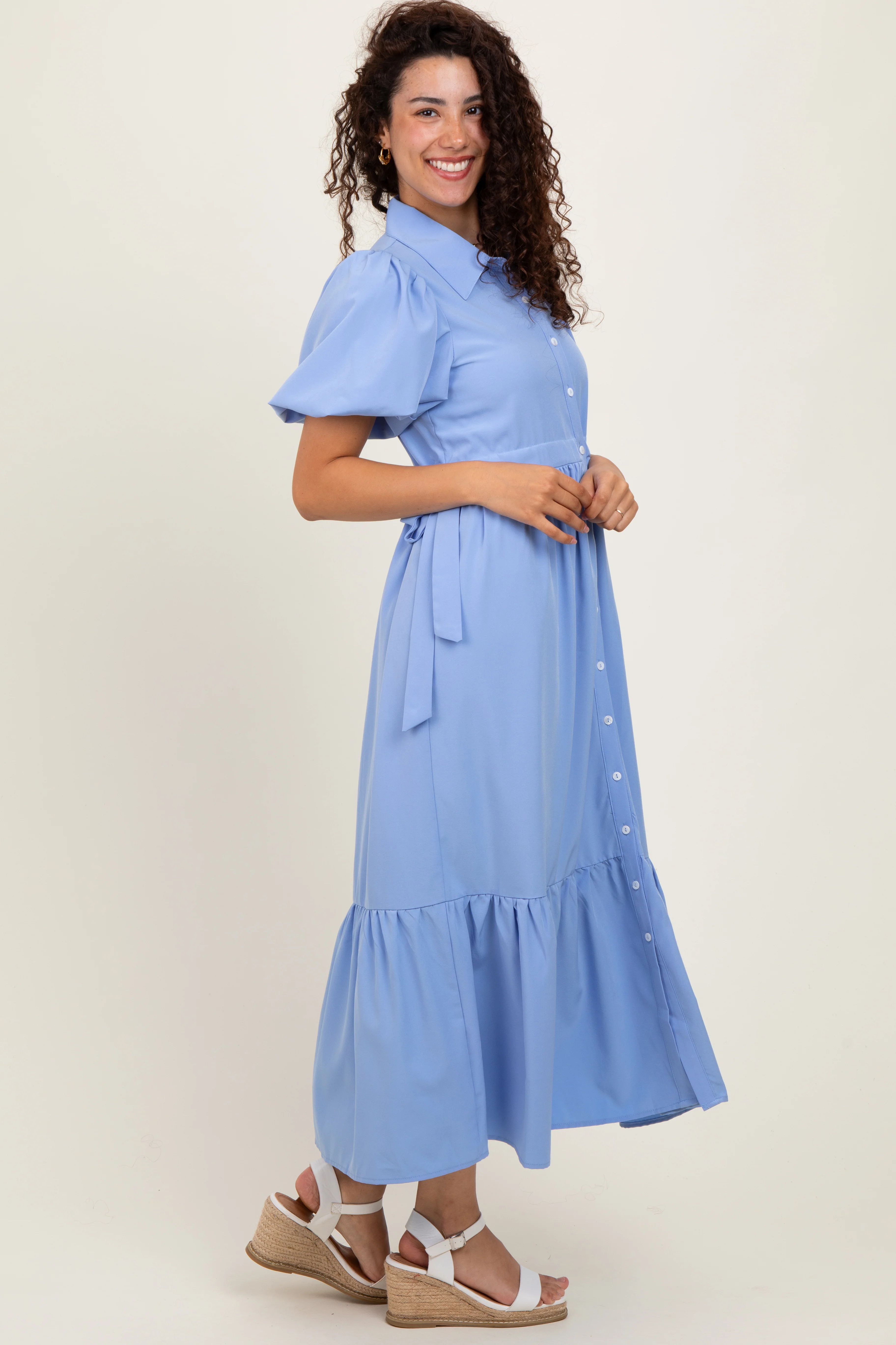 Light Blue Puff Sleeve Side Tie Midi Shirt Dress - Image 3