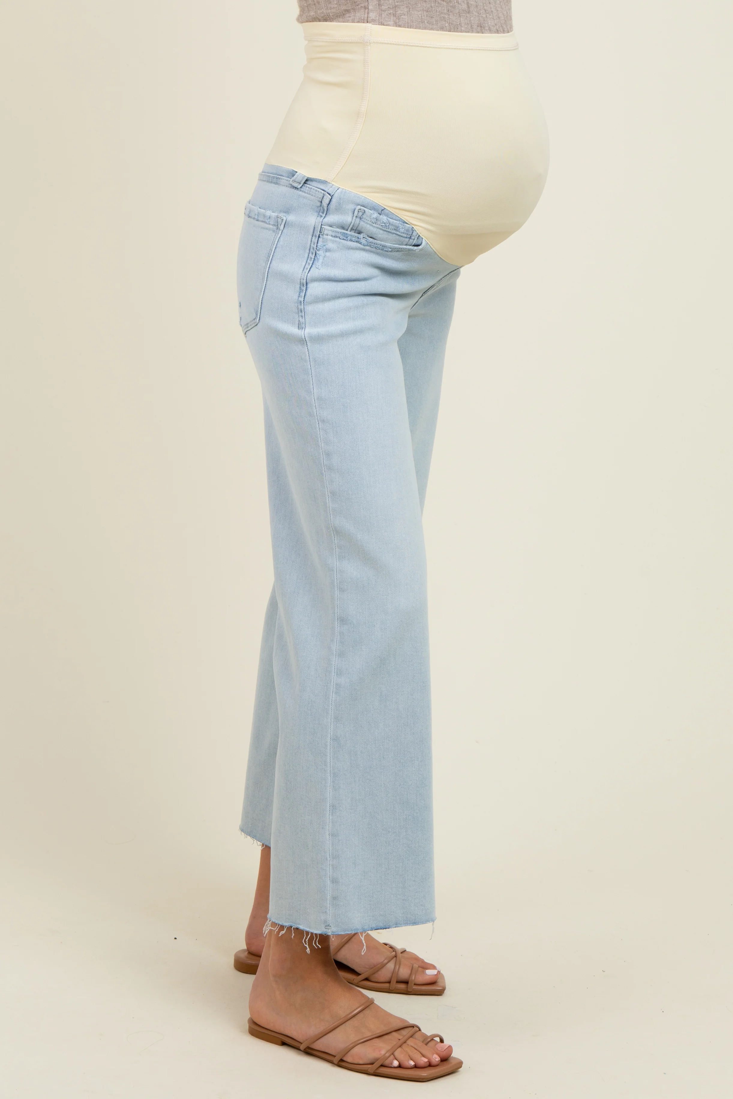 Light Blue Raw Hem Cropped Wide Leg Maternity Jeans - Image 5