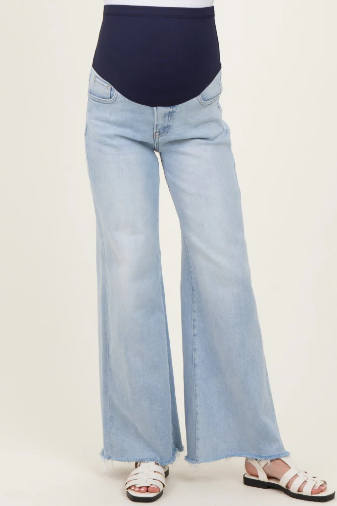 Light Blue Raw Hem Super Wide Leg Maternity Jeans - Image 5