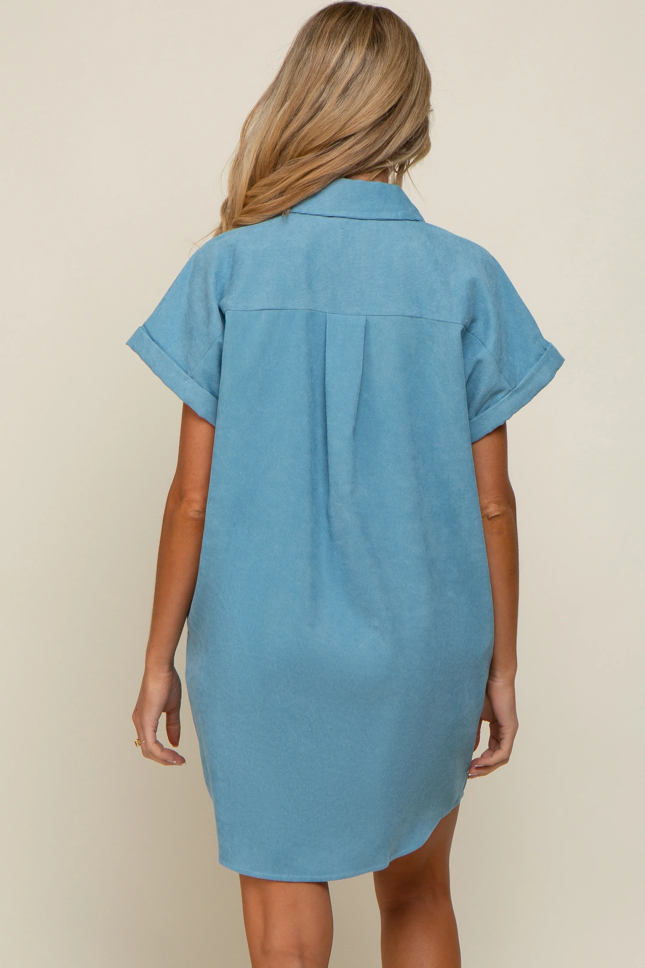 Light Blue Ribbed Button Down Maternity Mini Dress - Image 4