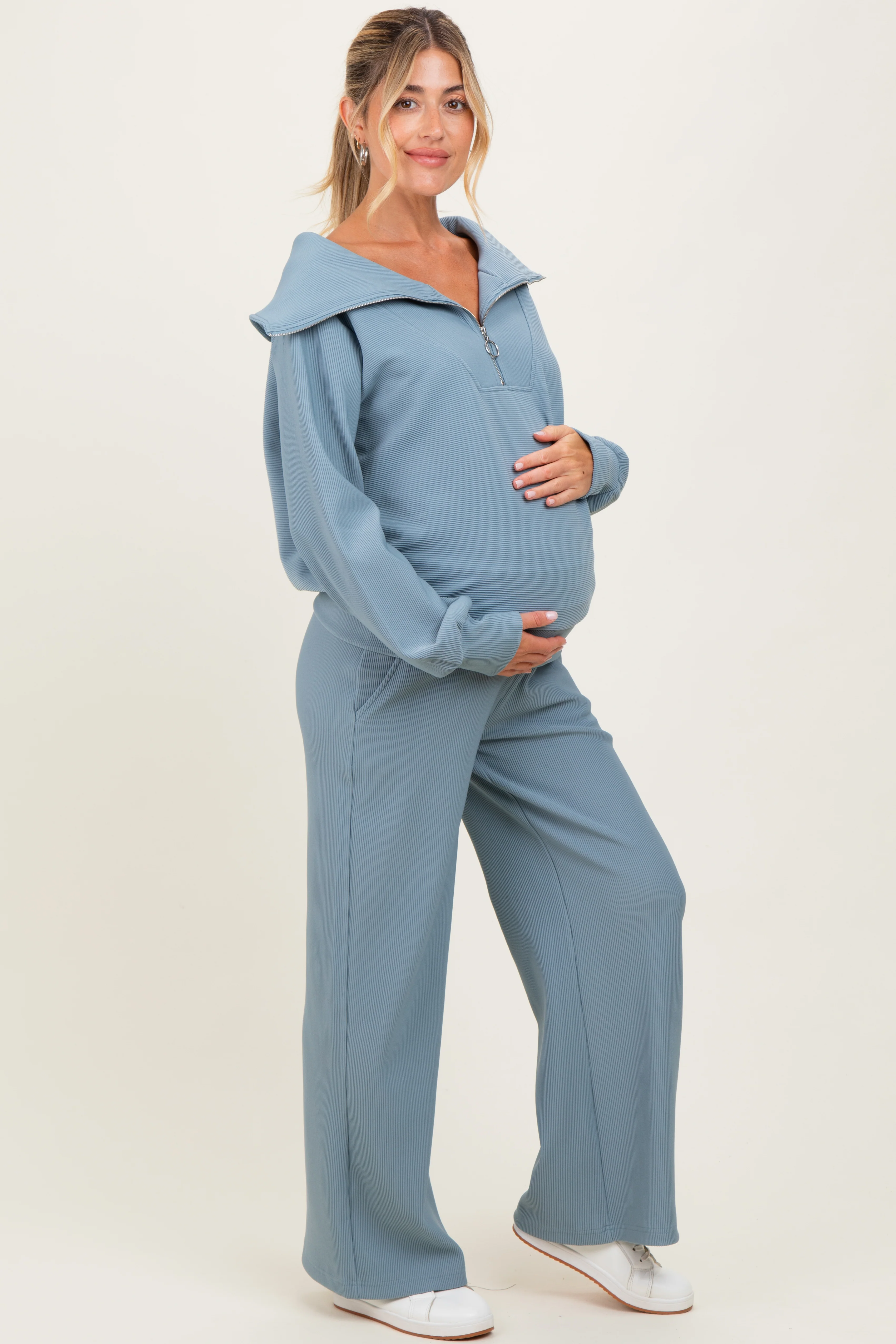 Light Blue RIbbed Half Zip Pullover Wide Leg Pant Maternity Set - Image 3